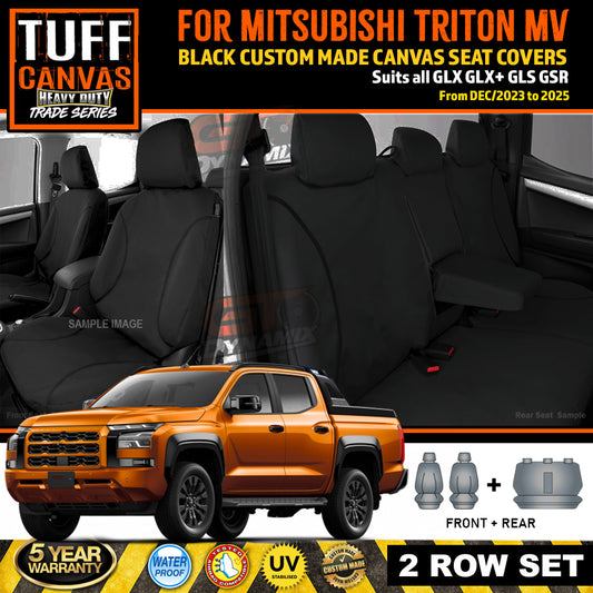 Black TUFF HD TRADE Canvas Seat Covers 2 Rows For Mitsubishi Triton MV Dual Cab GLX+ GLR GLS 12/2023-2025