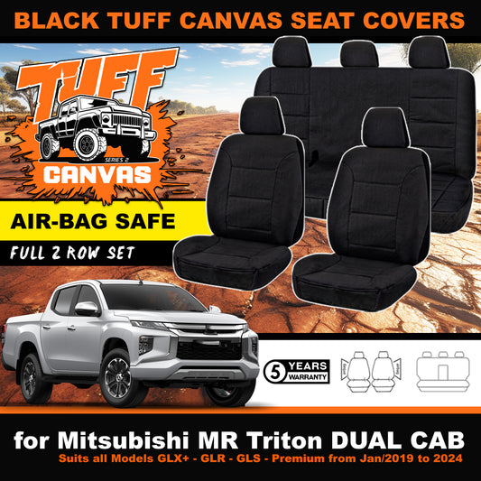 BLACK Tuff Canvas S2 Seat Covers for Mitsubishi Triton MR DUAL CAB GLX GLR GLS Premium 1/2019-24