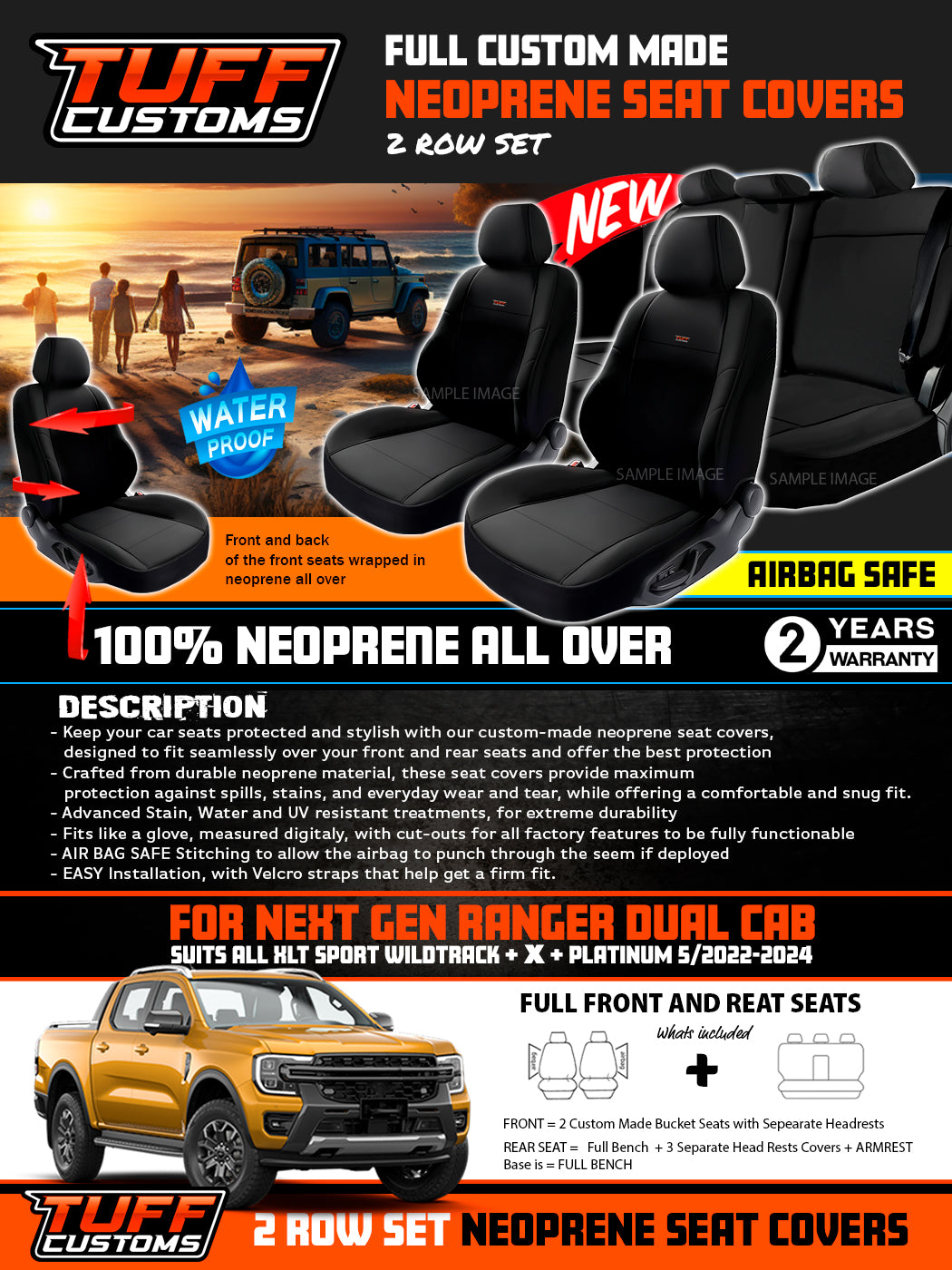 TUFF Customs Neoprene Seat Covers 2 Rows For Next Gen Ranger Dual Cab XLT SPORTS WILDTRACK 2/2022-2025