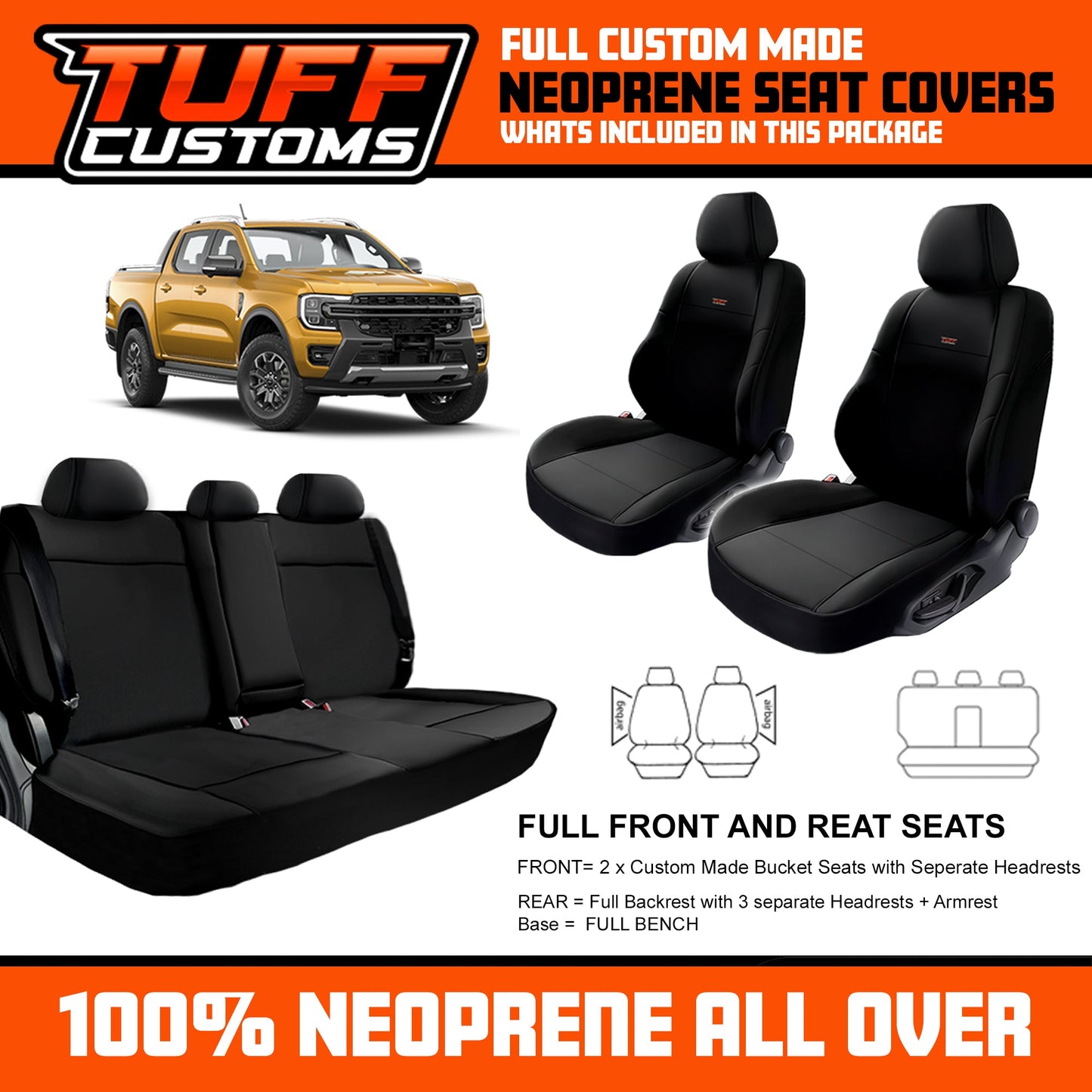 TUFF Customs Neoprene Seat Covers 2 Rows For Next Gen Ranger Dual Cab XLT SPORTS WILDTRACK 2/2022-2025