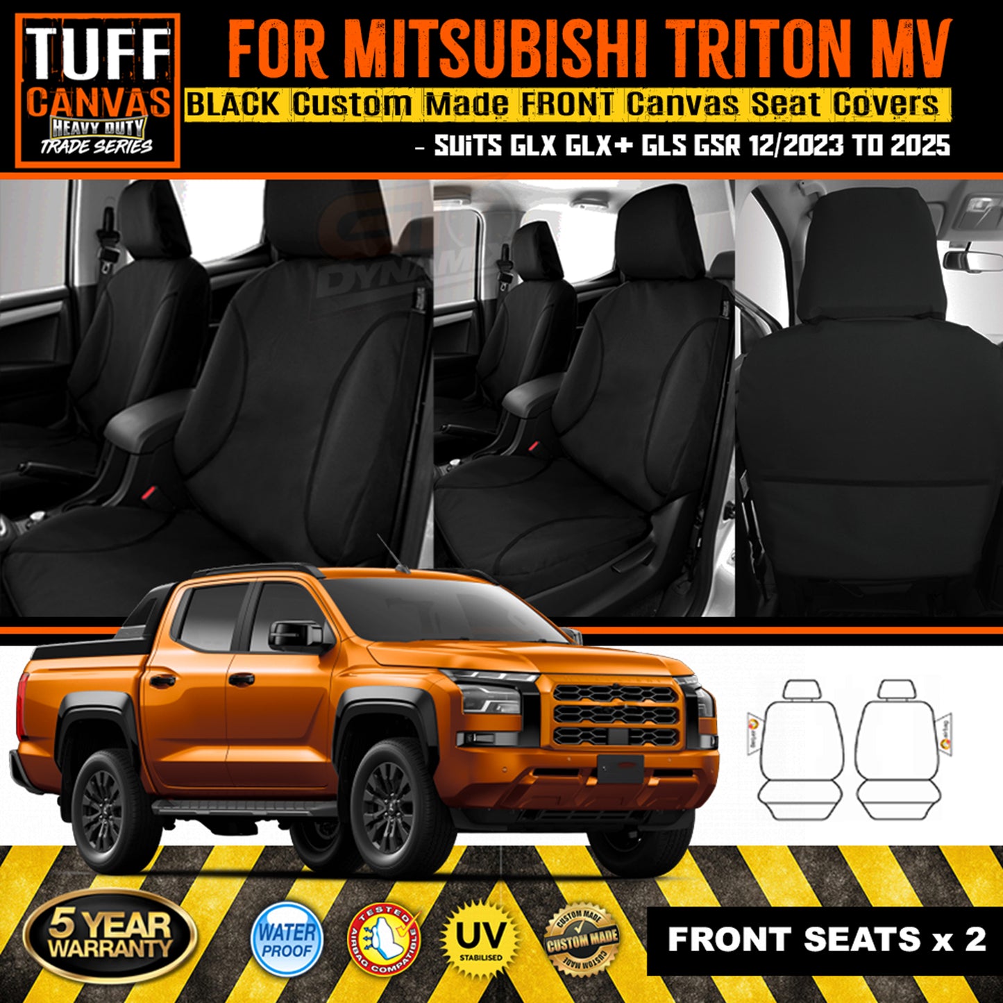 TUFF HD TRADE Canvas Seat Covers Front For Mitsubishi Triton MV Dual Cab 12/2023-2025 Black