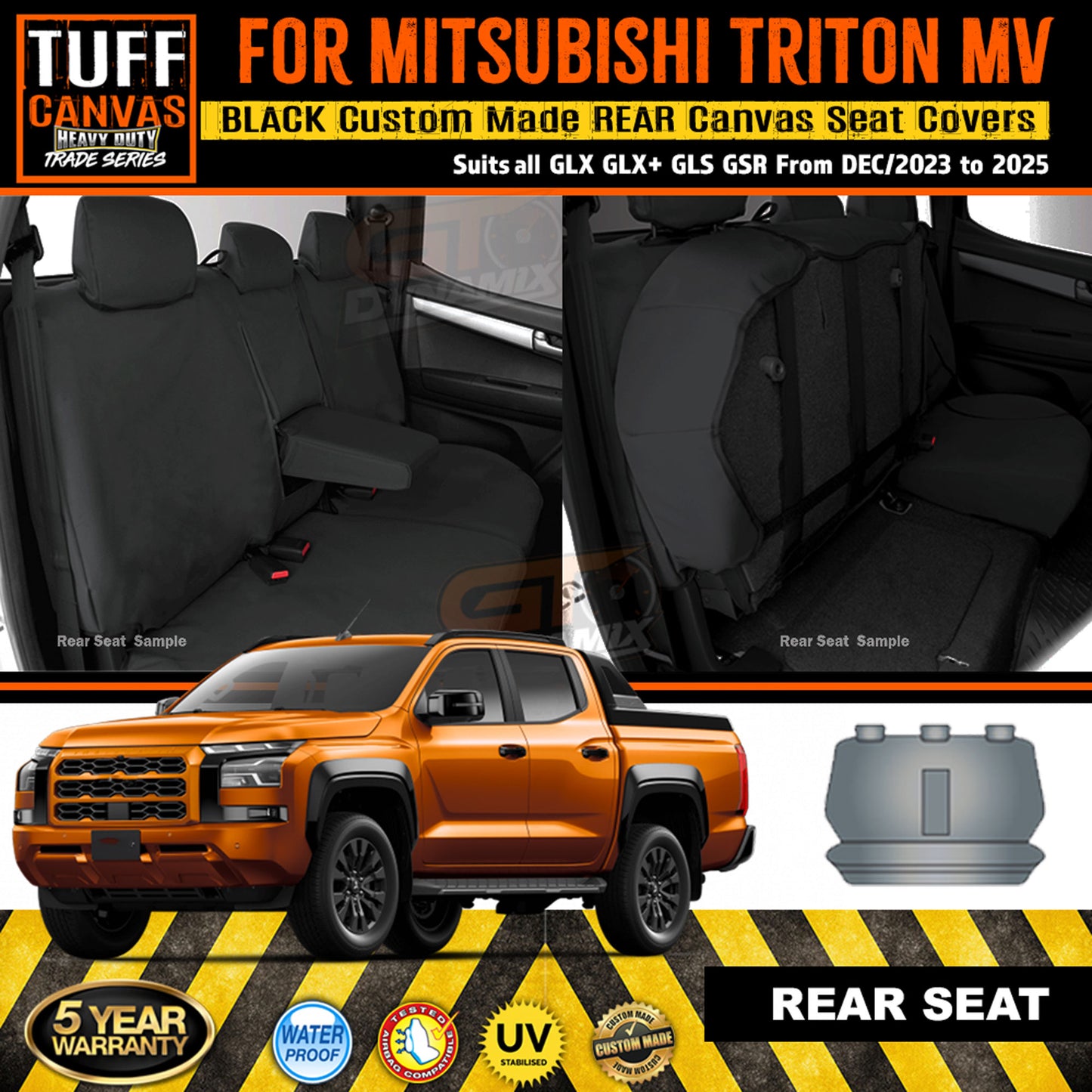 TUFF HD TRADE Canvas Rear Seat Covers For Mitsubishi Triton MV Dual Cab GLX+ GLR GLS 12/2023-2025 Black