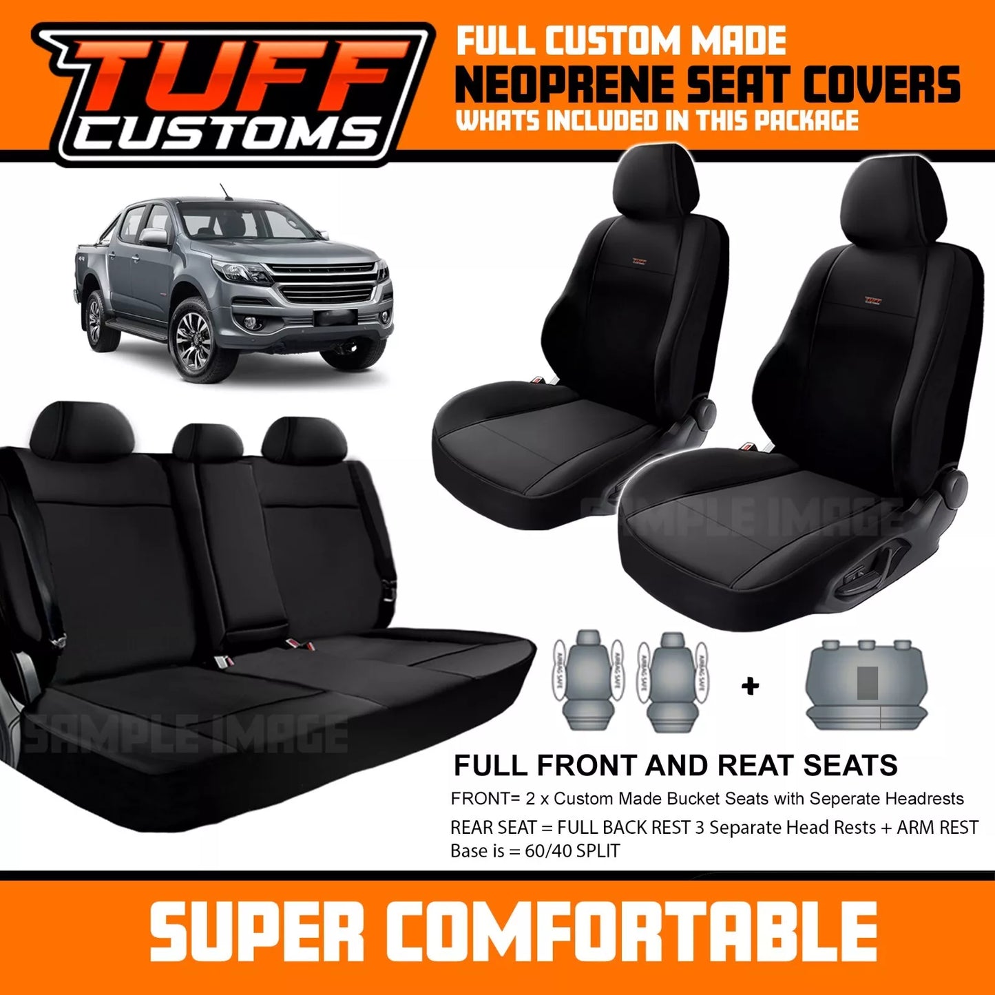 TUFF Customs S1 Neoprene Seat Covers 2 Rows For Holden RG Colorado LTZ LZ LT 8/2016-2020