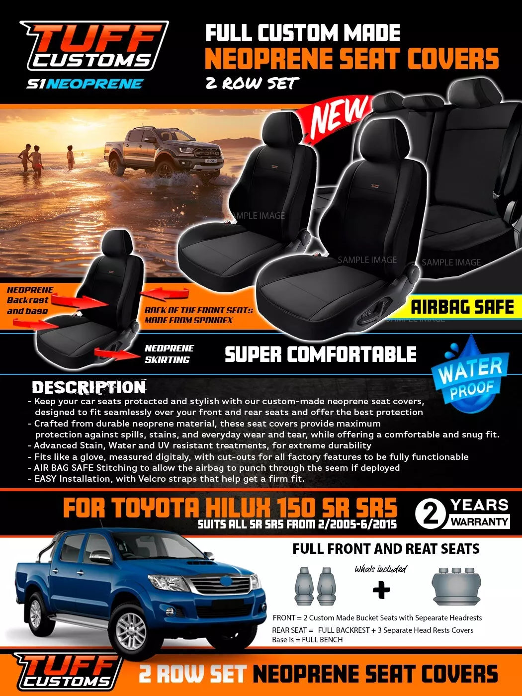 TUFF Customs S1 Neoprene Seat Covers 2 Rows for Toyota Hilux 150 SR5 SR Dual Cab 2005-2015