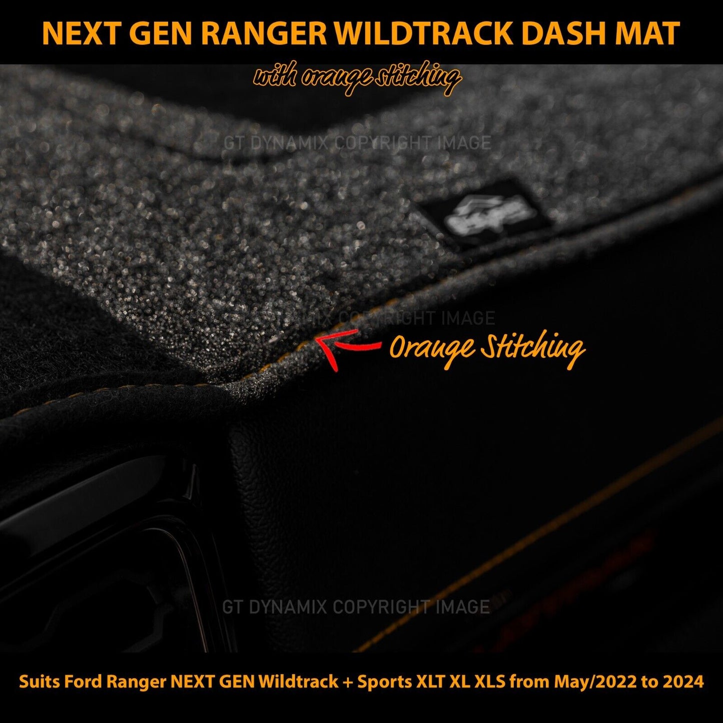 Shevron Dash Mat FORD RANGER Wildtrack NEXT GEN 2022-2024 DMO1652 Black + Orange Stitching