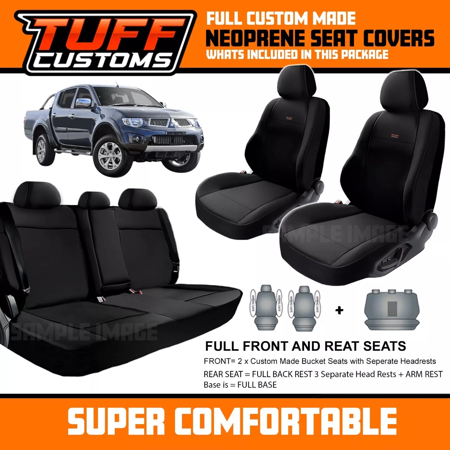 TUFF Customs S1 Neoprene Seat Covers 2 Rows For Mitsubishi Triton MN ML Dual Cab GLS GLX-R 2R 2006-2015