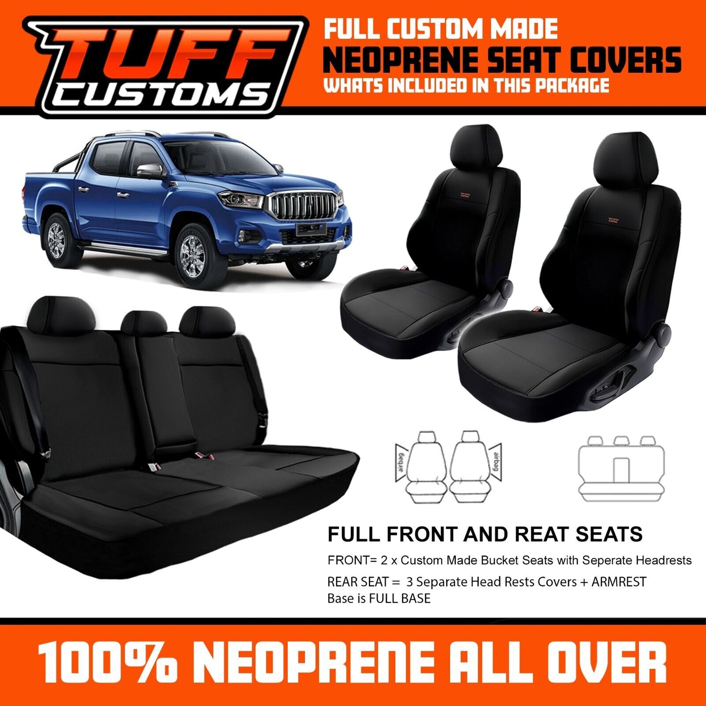 TUFF Customs Neoprene Seat Covers 2 Rows For LDV T60 SK8C Pro Trailrider Megatub 7/2017-2024