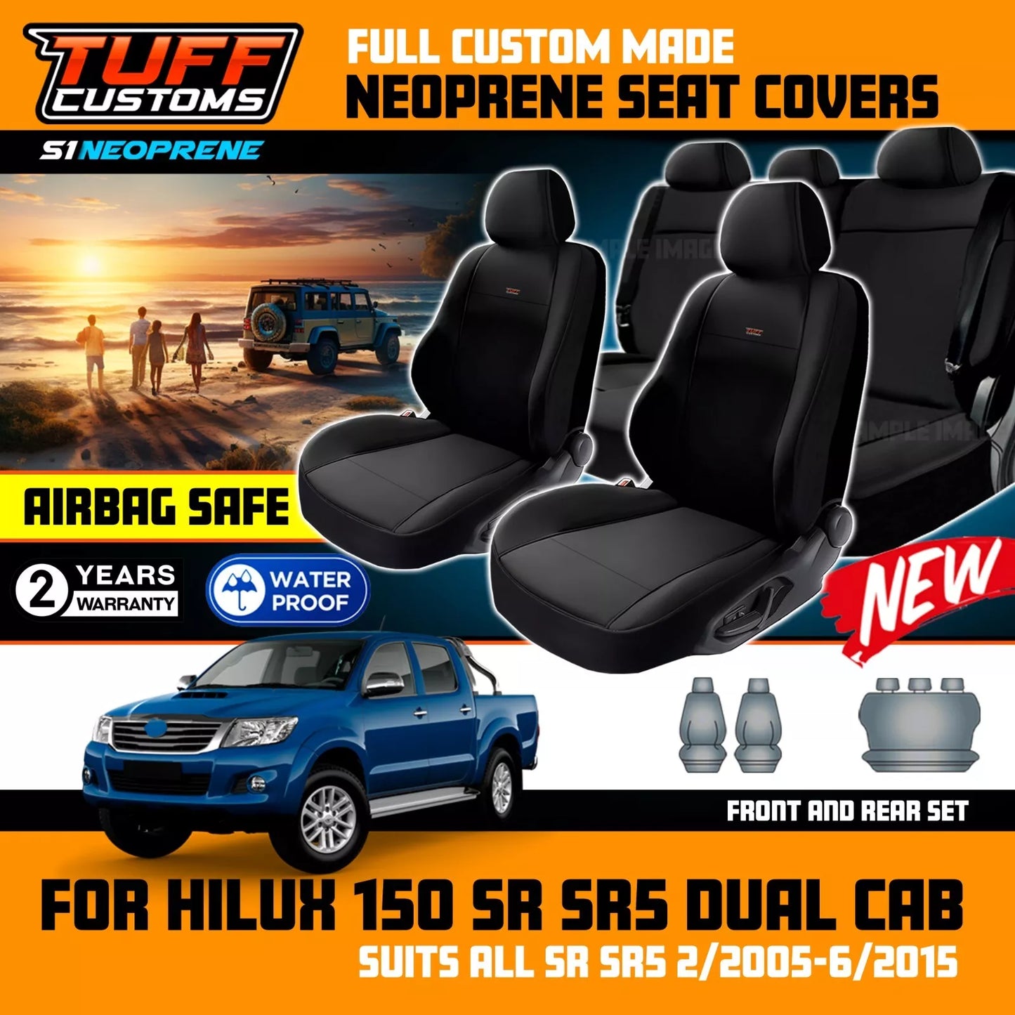 TUFF Customs S1 Neoprene Seat Covers 2 Rows for Toyota Hilux 150 SR5 SR Dual Cab 2005-2015