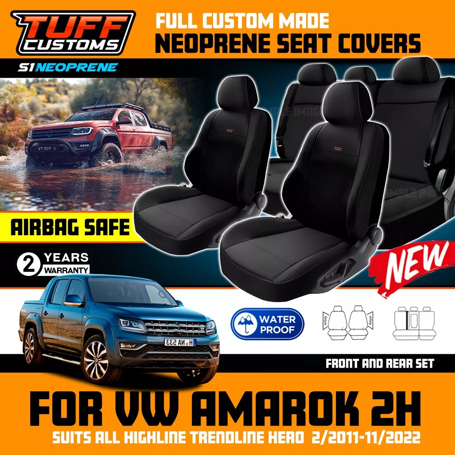 TUFF Customs S1 Neoprene Seat Covers 2 Rows For Volkswagen Amarok 2H Core Highline 6/2010-11/2022