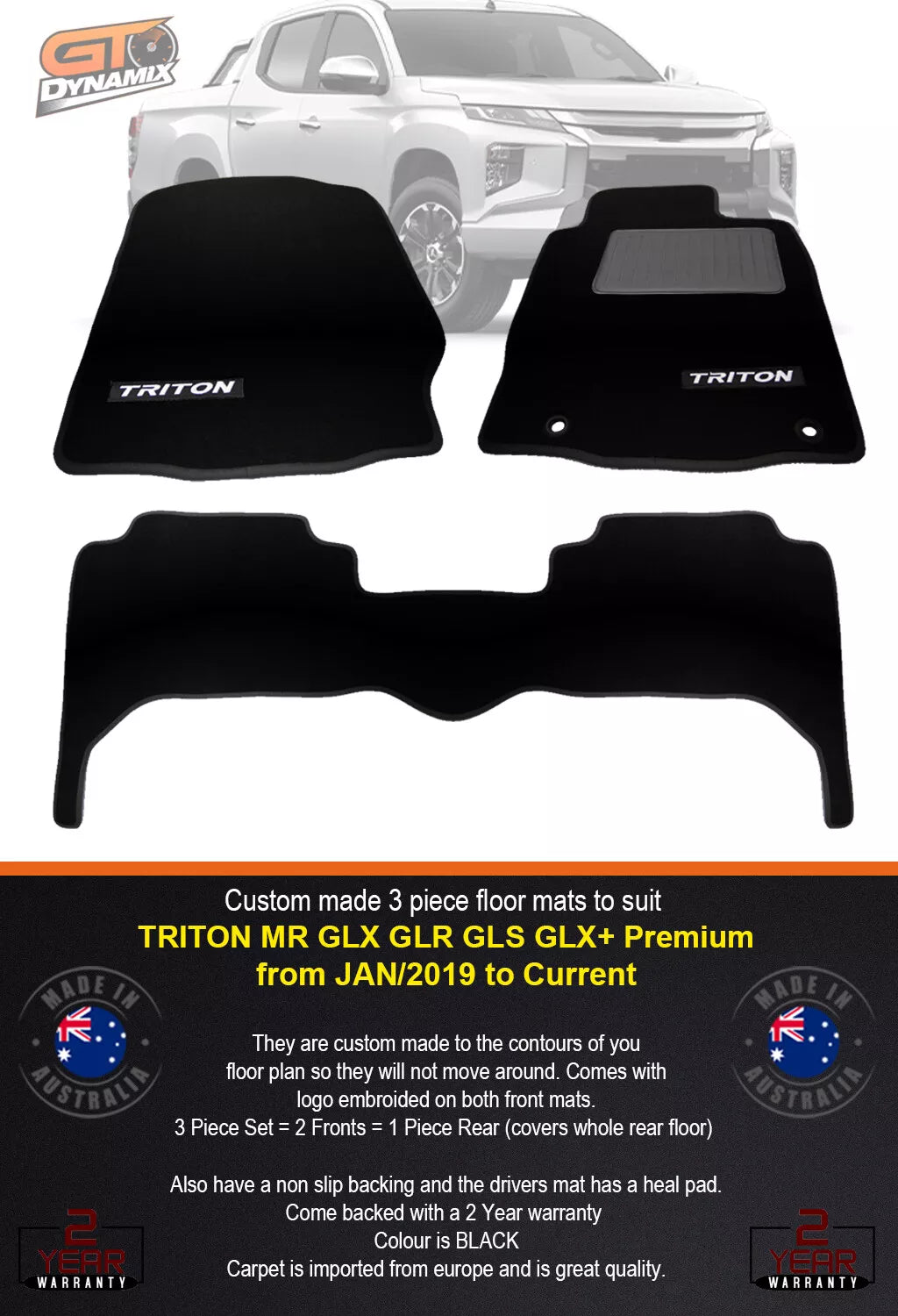 Triton MR BLACK Custom Made Floor Mats Front and Rear GLX GLS GLR Premium 1/2019-2024