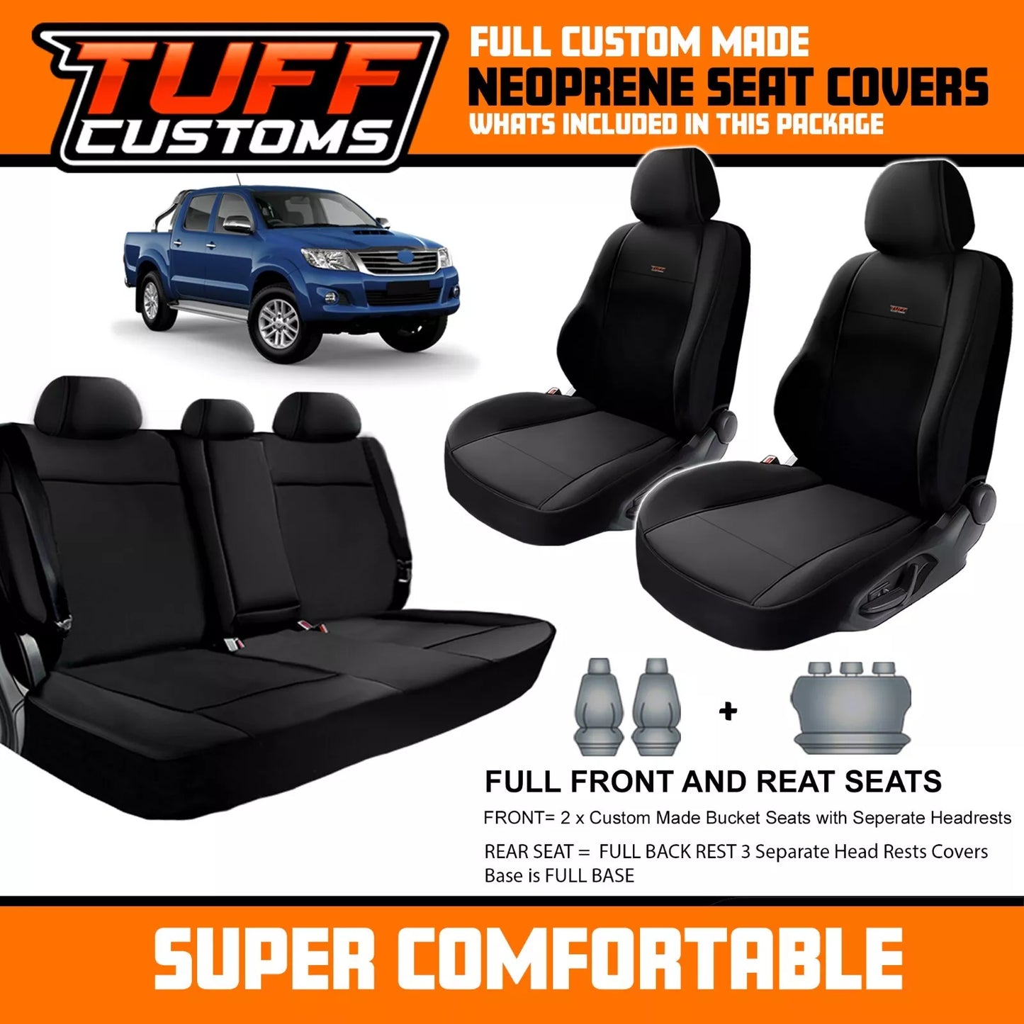 TUFF Customs S1 Neoprene Seat Covers 2 Rows for Toyota Hilux 150 SR5 SR Dual Cab 2005-2015