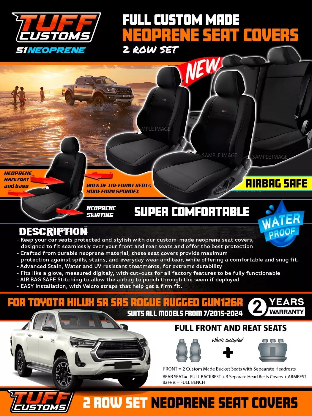 TUFF Customs S1 Neoprene Seat Covers 2 Rows For Toyota Hilux SR5 SR ROGUE 7/2015-2024