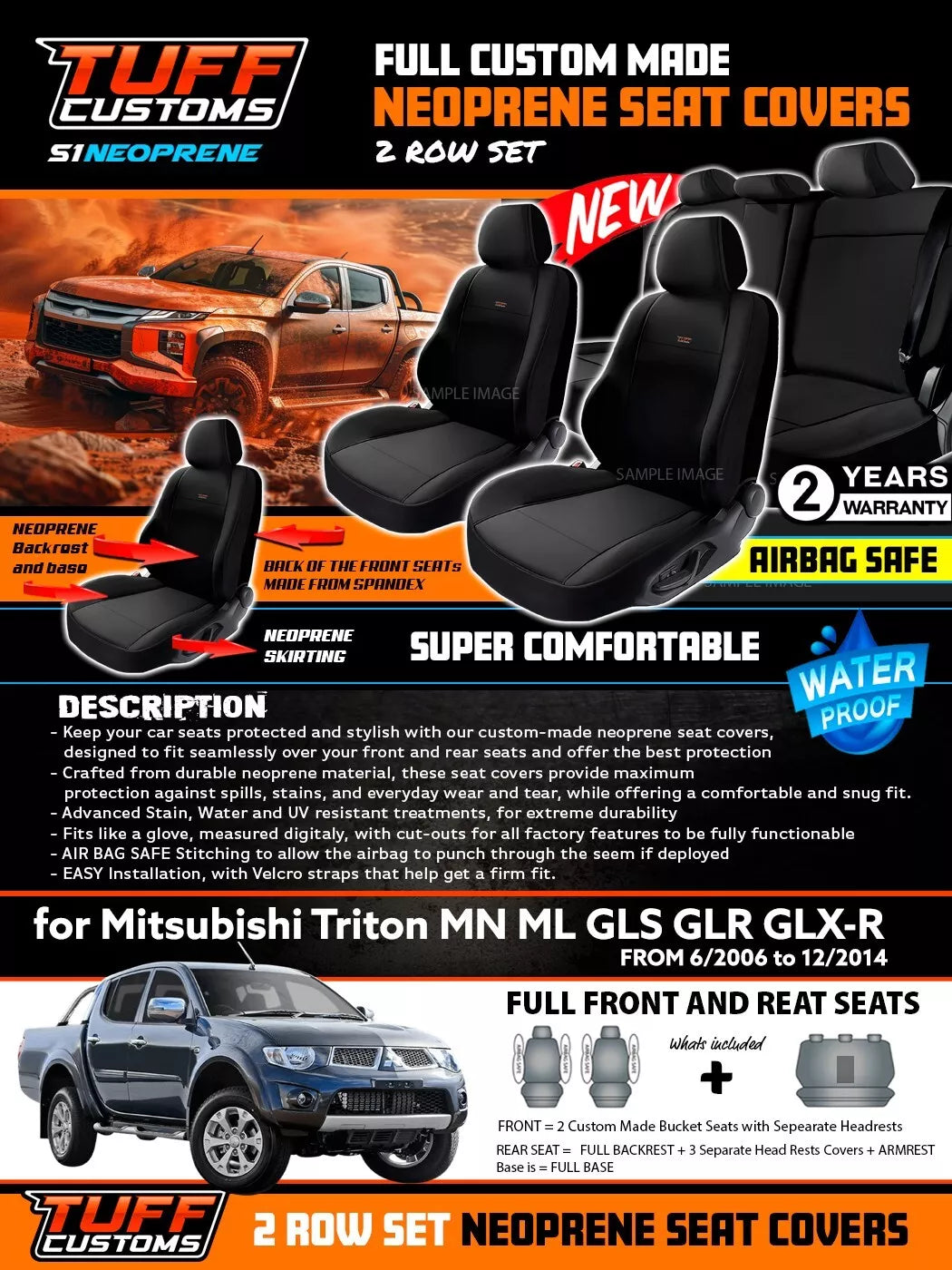 TUFF Customs S1 Neoprene Seat Covers 2 Rows For Mitsubishi Triton MN ML Dual Cab GLS GLX-R 2R 2006-2015