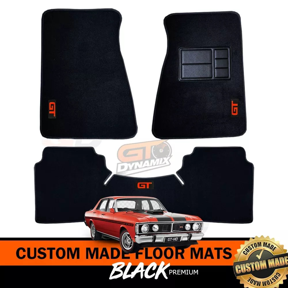 Custom Made Floor Mats for Ford XY GT GTHO 1970-1972 3 Piece Set RED LOGO BLACK