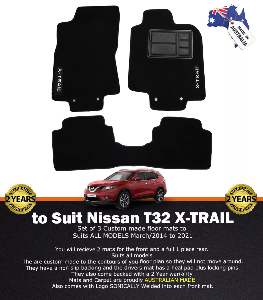 Black CUSTOM MADE FLOOR MATS 2ROW For Nissan X-Trail ST T32 3/2014-2024