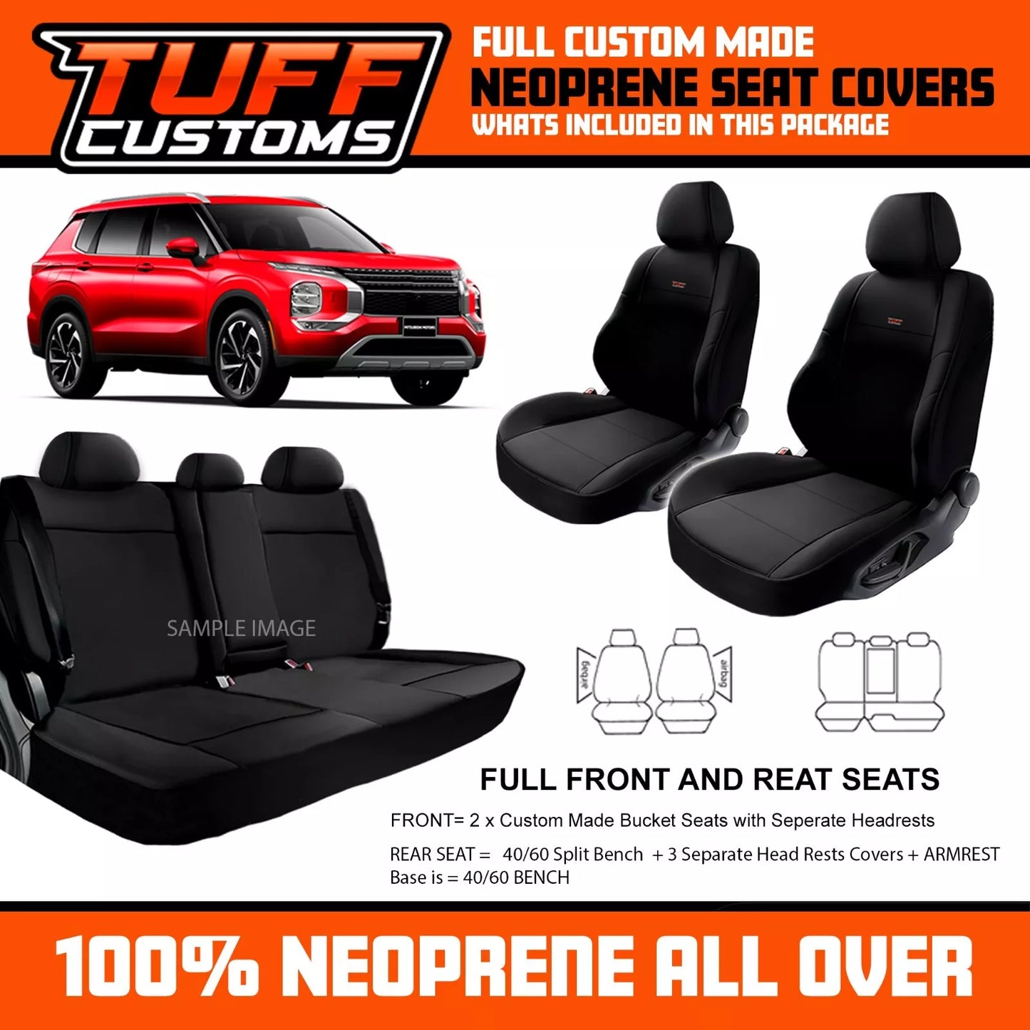 TUFF Customs Neoprene Seat Covers 2 Rows For Mitsubishi ZM Outlander LS Aspire Exceed 8/2021-2024