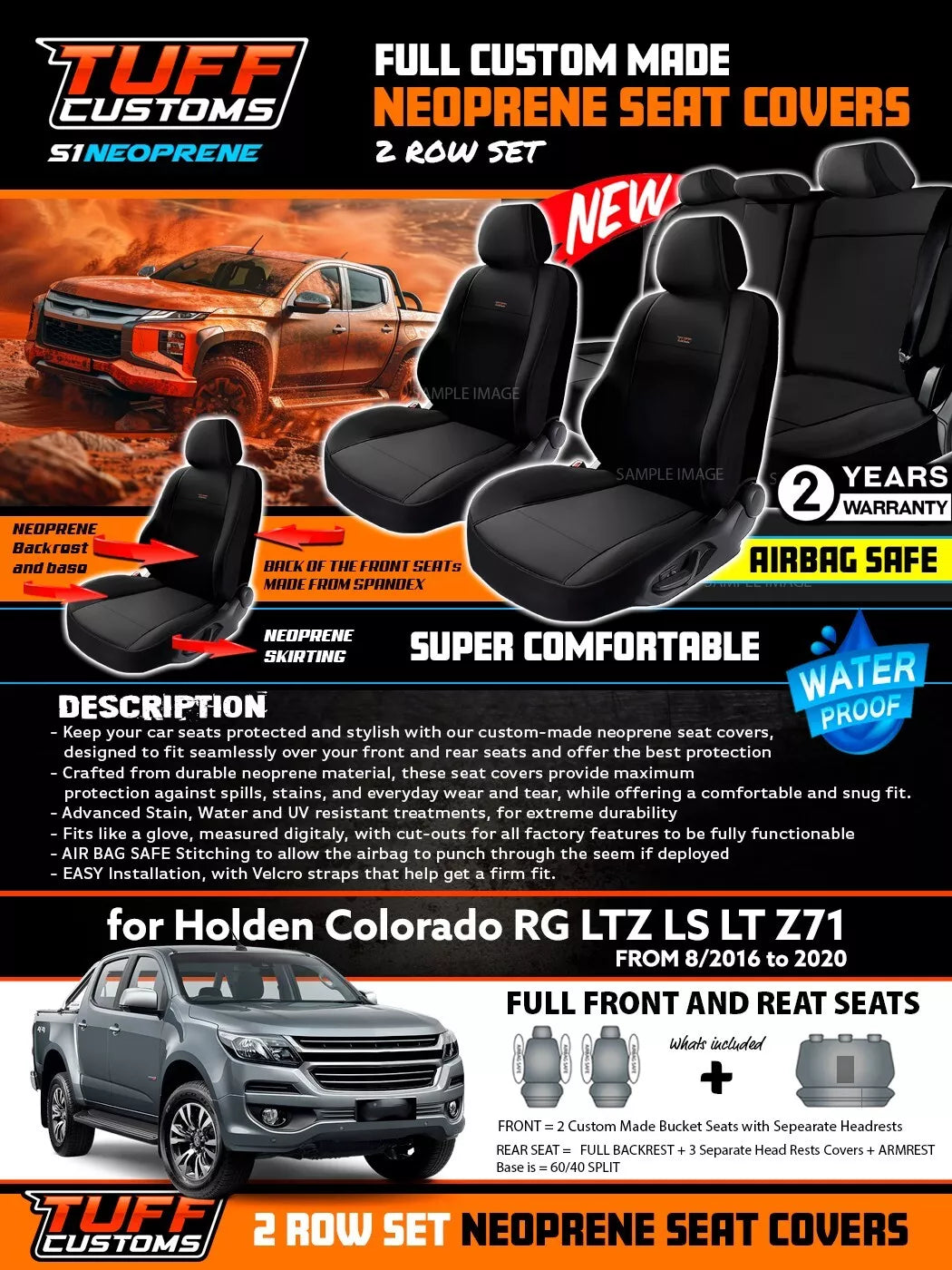 TUFF Customs S1 Neoprene Seat Covers 2 Rows For Holden RG Colorado LTZ LZ LT 8/2016-2020