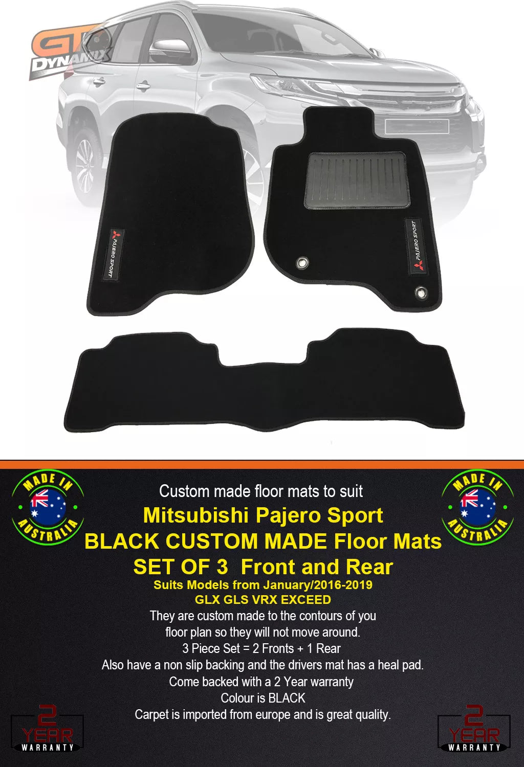 Custom Made BLACK Floor Mats MITSUBISHI PAJERO SPORTS 2Row GLX GLS VRX 2016-2024