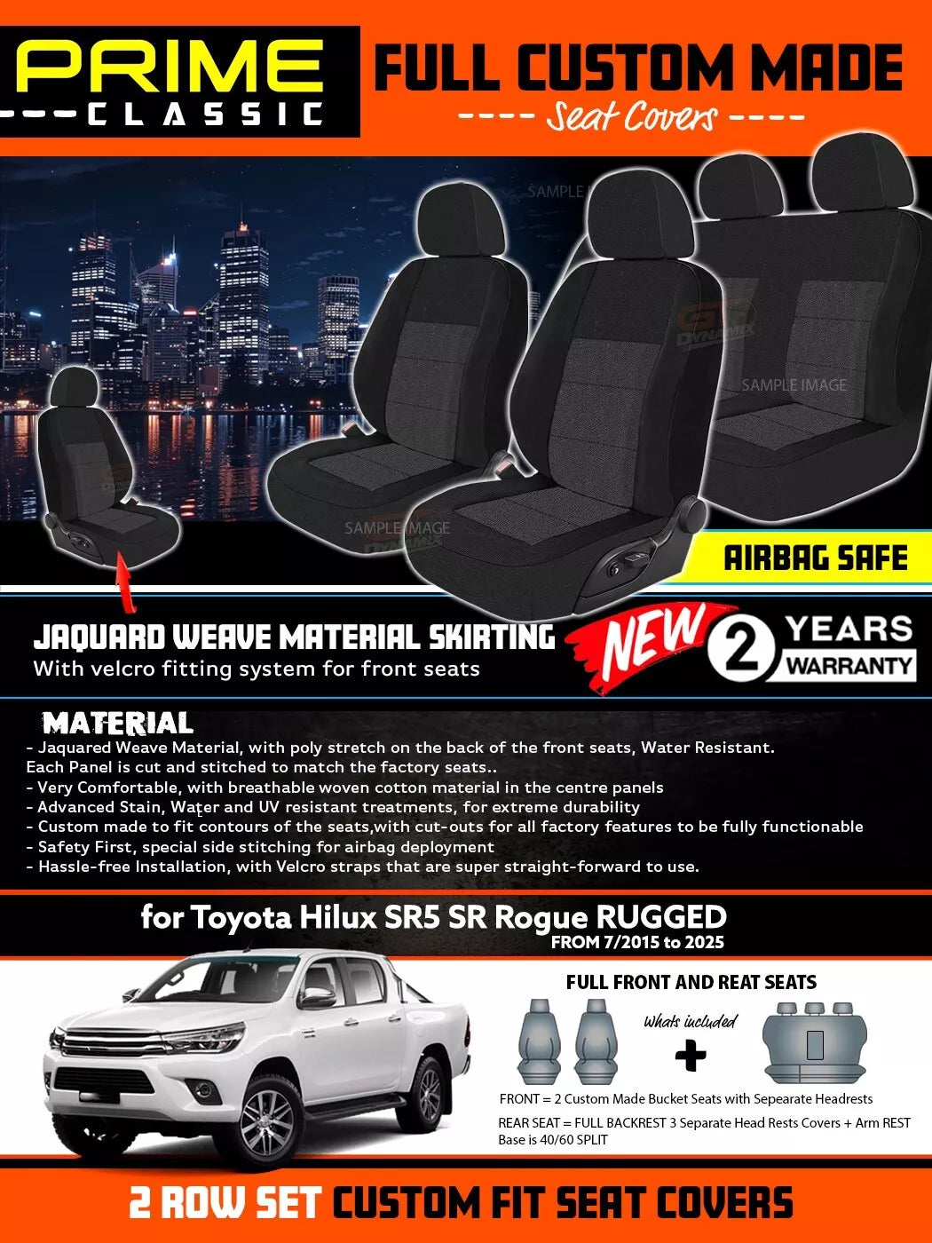 PRIME CLASSIC Black Custom Seat Covers 2 Rows For Toyota Hilux Dual Cab SR5 SR Rogue 2015-2024