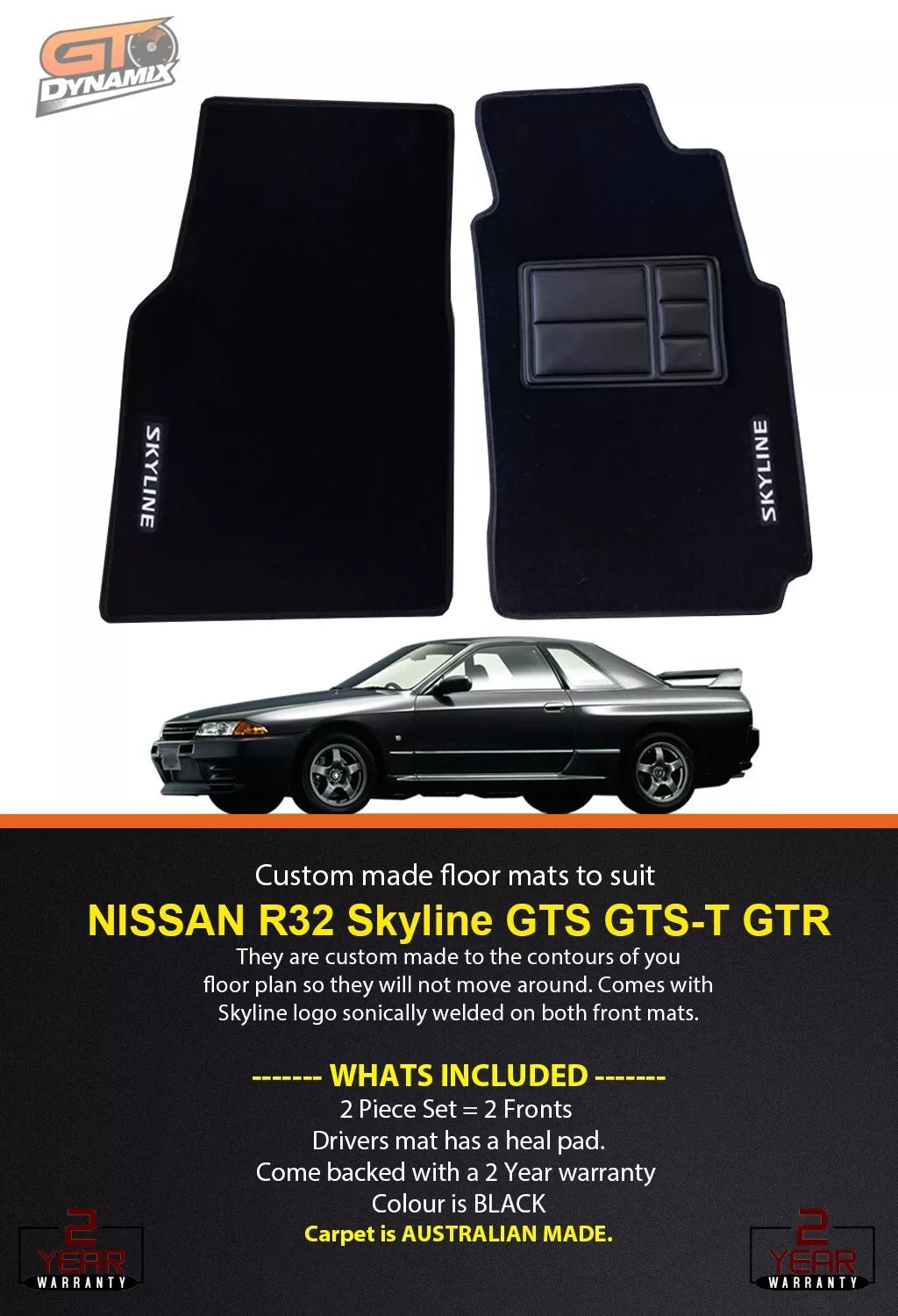 Front Custom Floor Mats For Nissan R32 Skyline in 1989-1993 GTS-T GTS GT-R BLACK