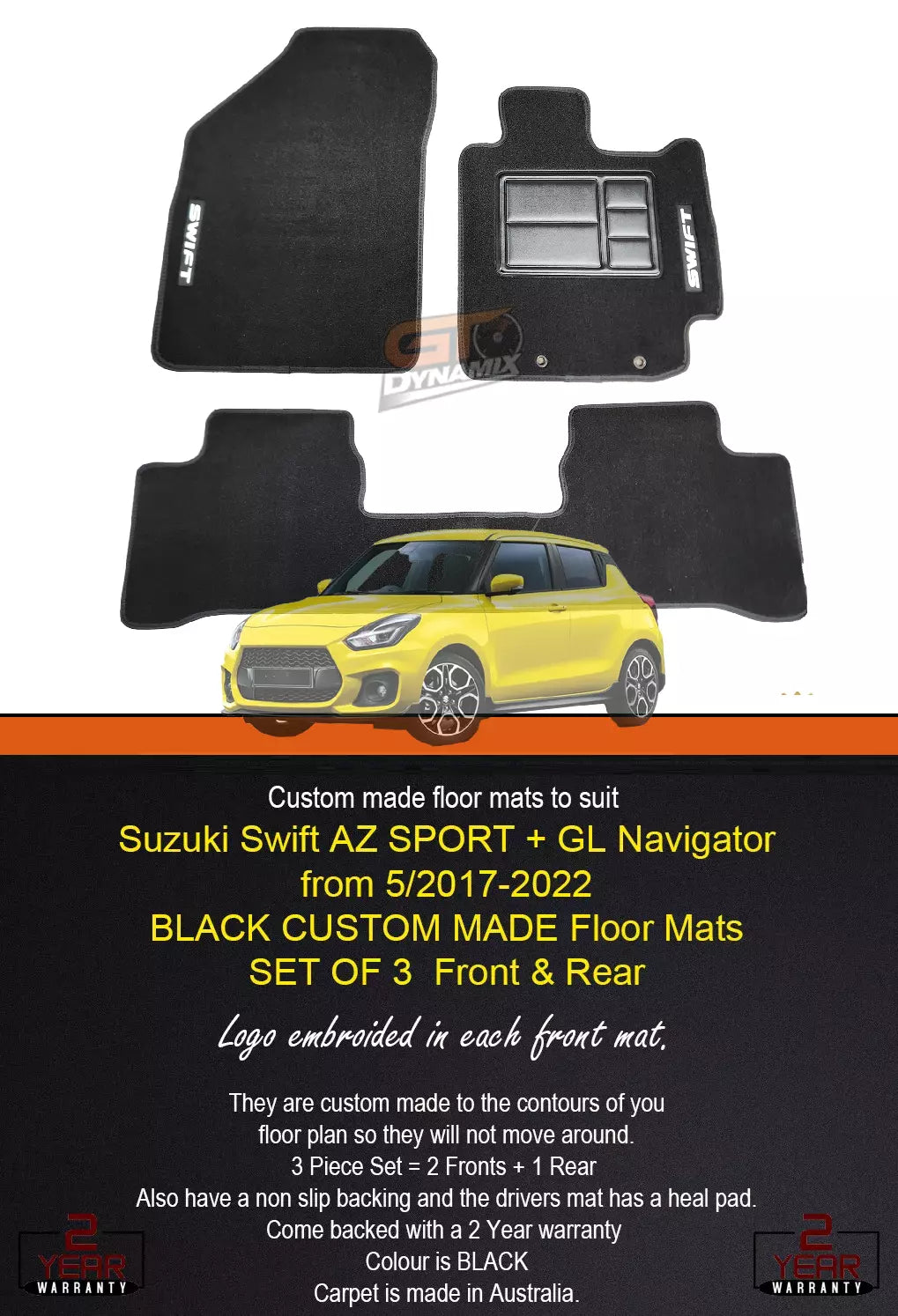 Custom Floor Mats for Suzuki Swift AZ SPORT GL Navigator 5/2017-2024 BLACK