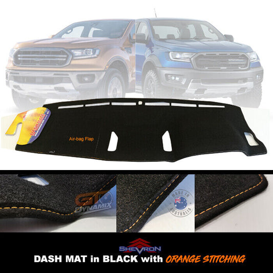 Shevron Dash Mat FORD RANGER PX MK3 Wildtrack 2018-4/2022 DMO1535 Black + Orange Stitching