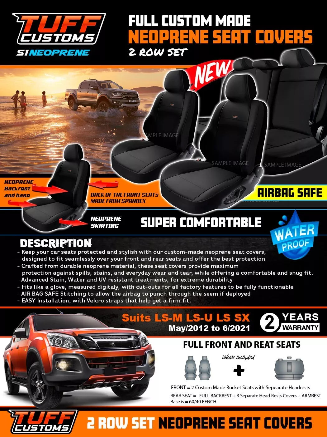 TUFF Customs S1 Neoprene Seat Covers 2 Rows For Isuzu D-MAX Dual Cab LS-U LS-M 2012-2021