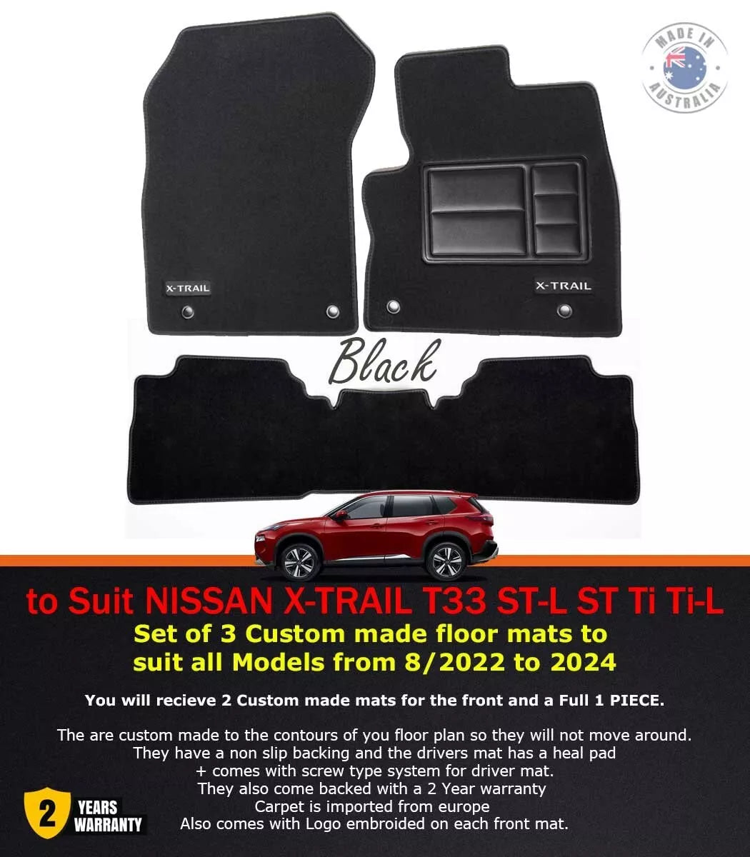 Black CUSTOM MADE FLOOR MATS Nissan X-Trail ST T33 Ti Ti-L ST-L 8/2022-24 2 ROWs