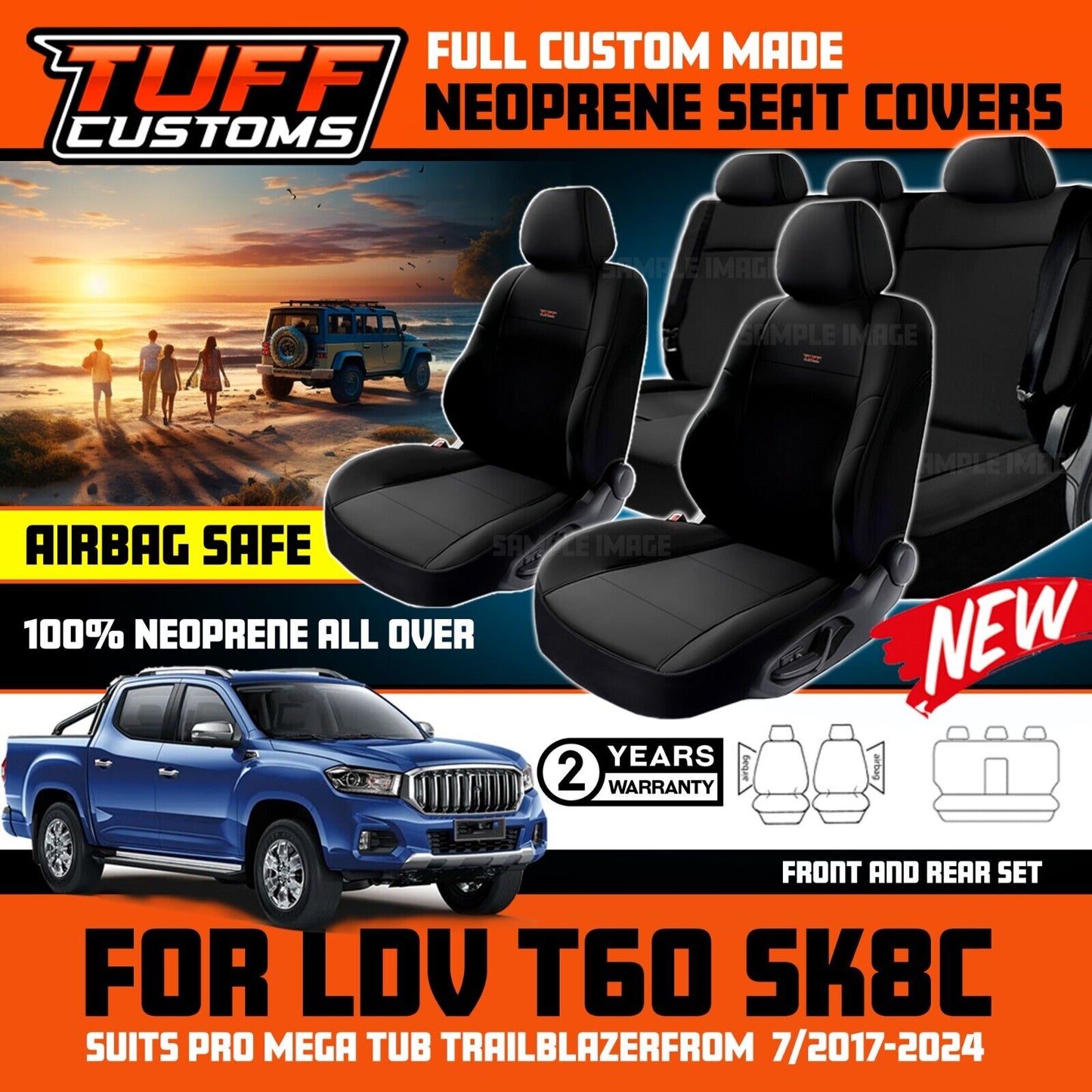 TUFF Customs Neoprene Seat Covers 2 Rows For LDV T60 SK8C Pro Trailrider Megatub 7/2017-2024