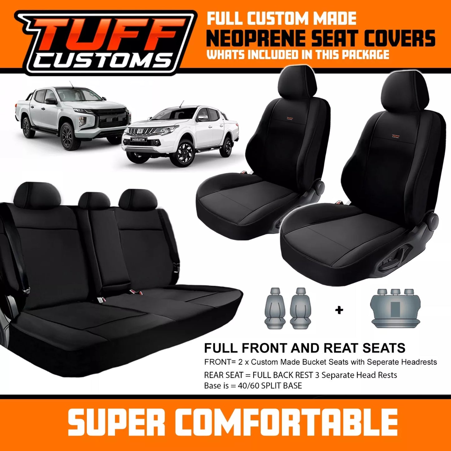 TUFF Customs S1 Neoprene Seat Covers 2 Rows For Mitsubishi Triton MQ MR Dual CAB GLS GLR GLX 1/2015-2023