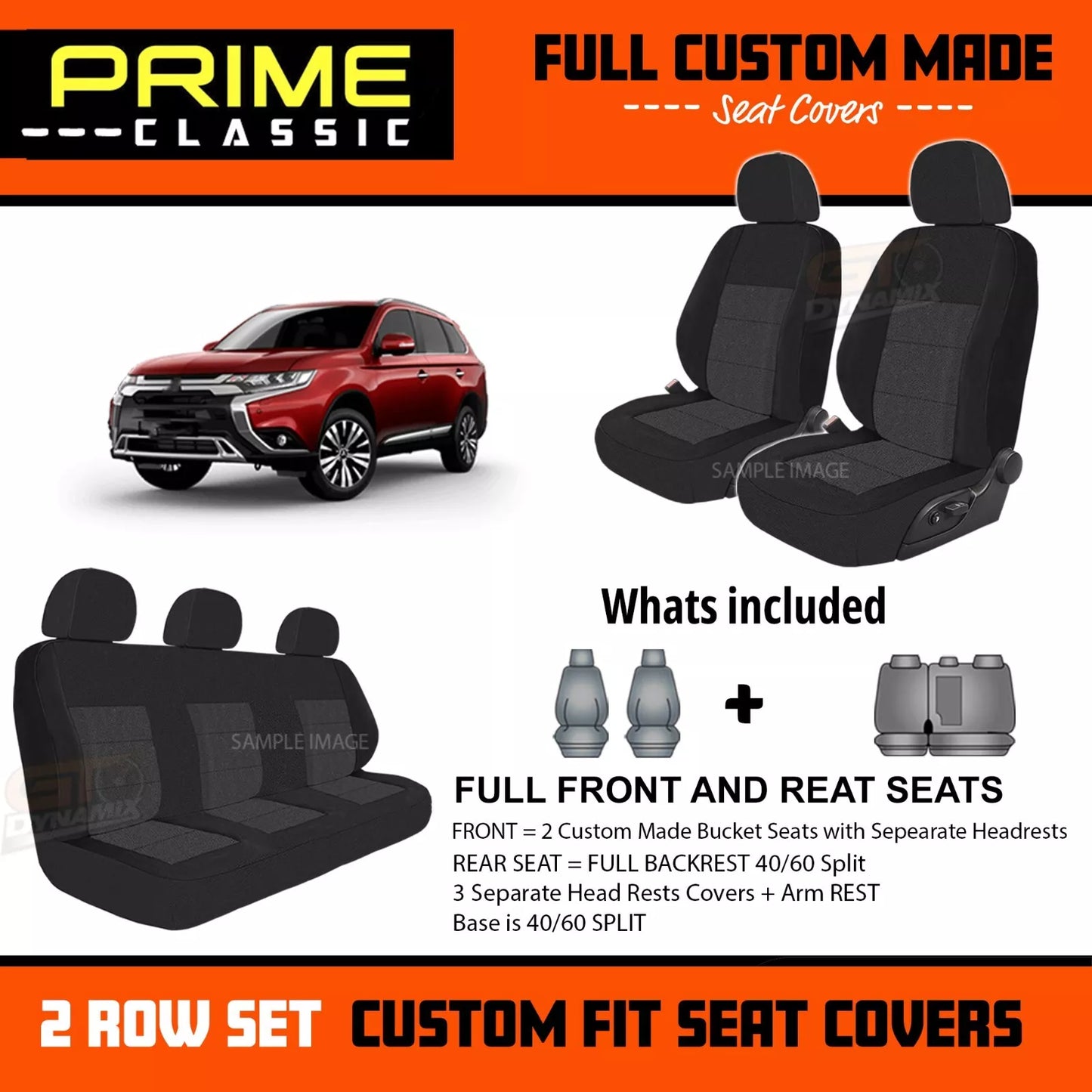 PRIME CLASSIC Black Custom Seat Covers 2 Rows For Mitsubishi Outlander ZJ ZK ZL 11/2012-7/2021