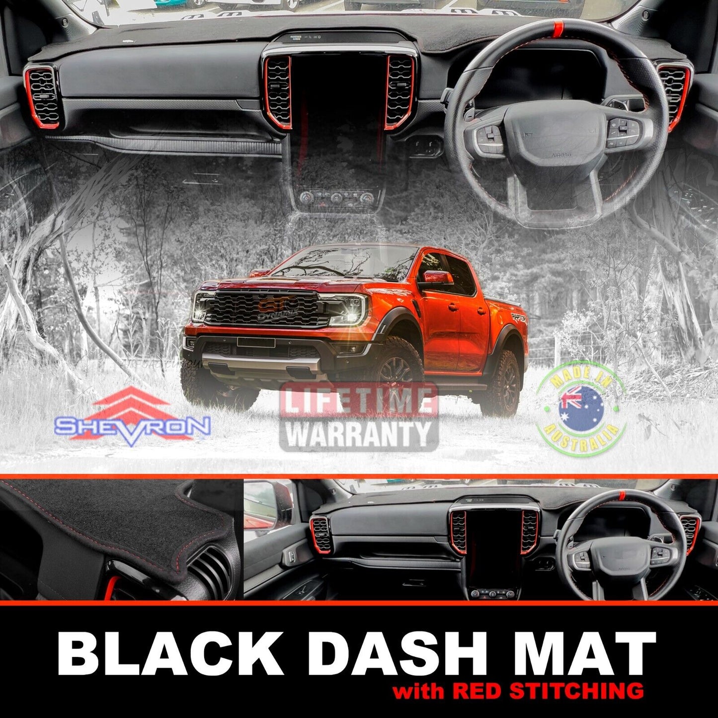 Shevron Dash Mat FORD RANGER NEXT GEN RAPTOR 5/2022-2024 DMR1652 Black + Red Stitching