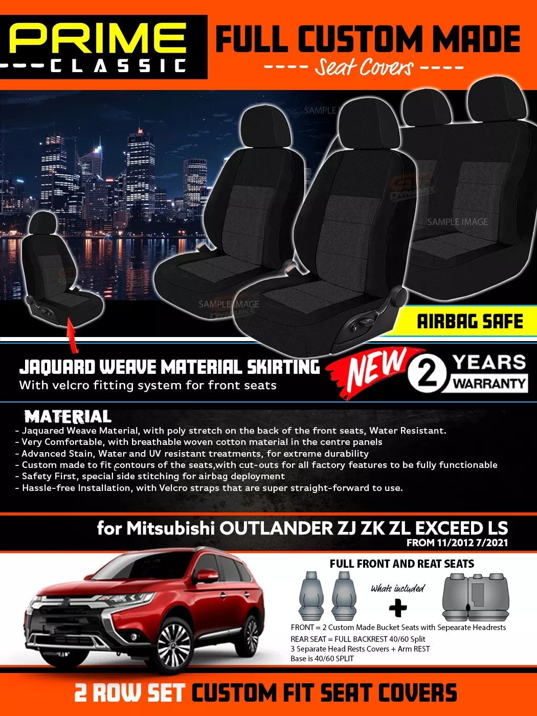 PRIME CLASSIC Black Custom Seat Covers 2 Rows For Mitsubishi Outlander ZJ ZK ZL 11/2012-7/2021