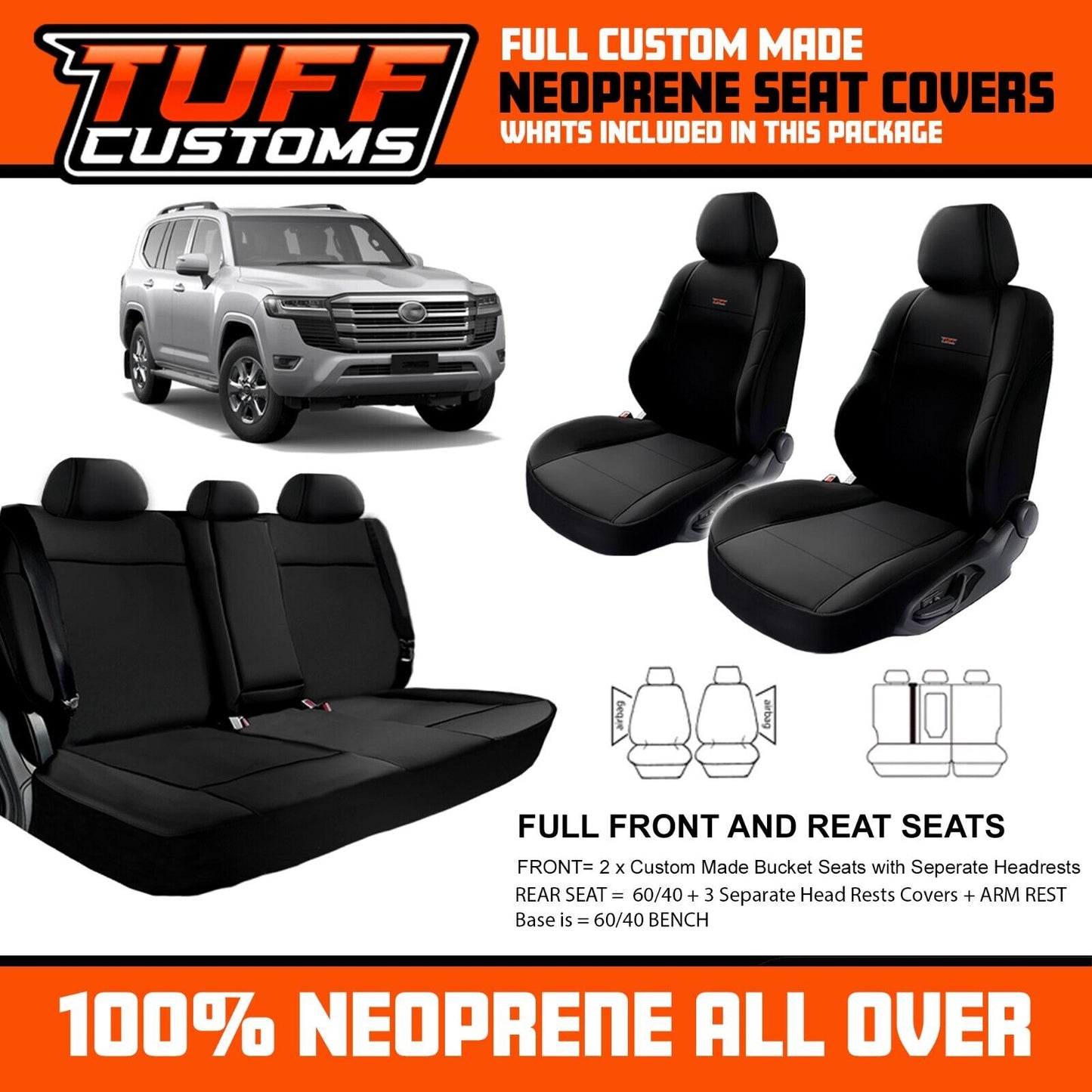 TUFF Customs Neoprene Seat Covers 2 Rows For Toyota Landcruiser 300 Series VX 7/2021-2024