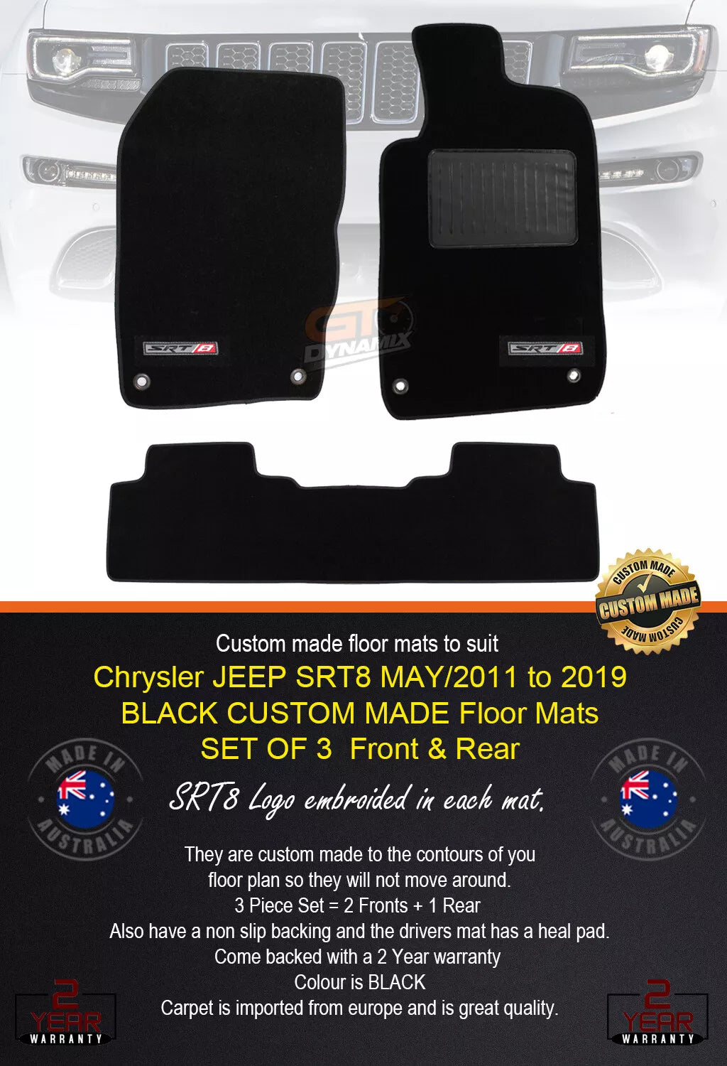 Custom Floor Mats JEEP GRAND CHEROKEE SRT8 WK2 2Row Black 5/2011-2024 SRT-8 LOGO