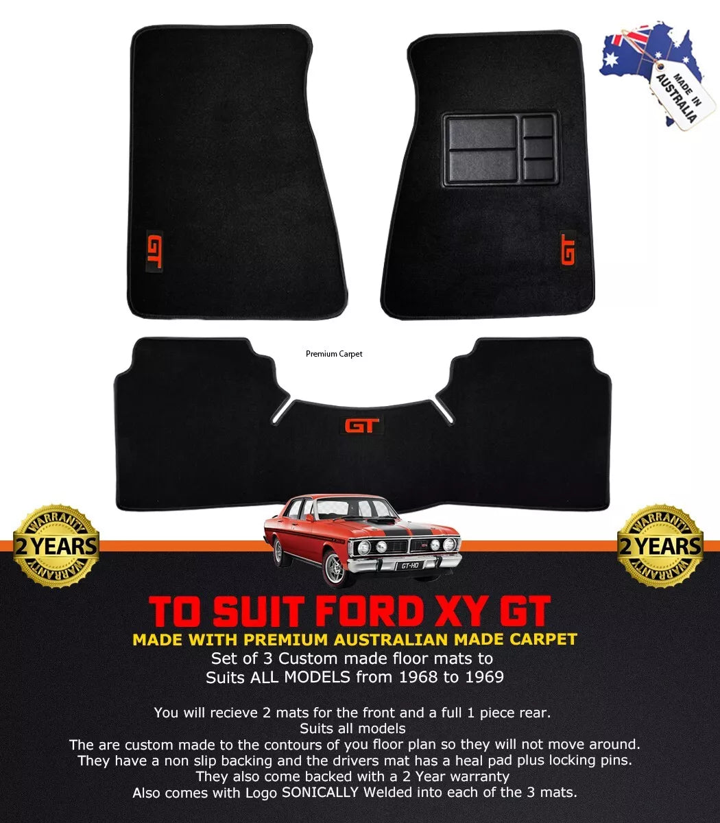 Custom Made Floor Mats for Ford XY GT GTHO 1970-1972 3 Piece Set RED LOGO BLACK