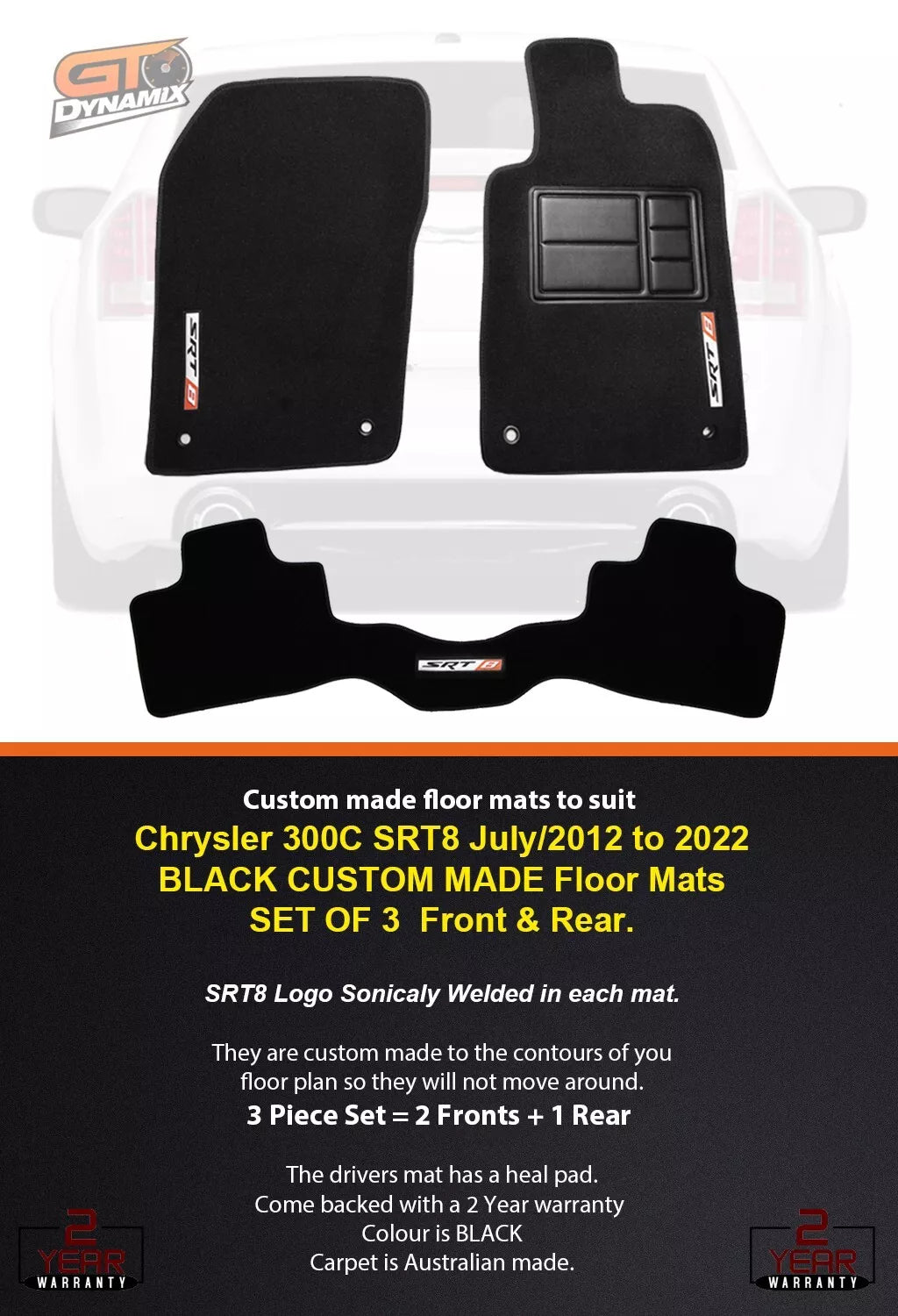 Custom Made Floor Mats CHRYSLER 300C SRT8 Front and Rear Black ( SRT-8 LOGO) 2012-2021