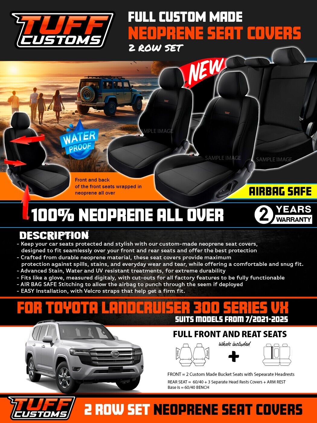 TUFF Customs Neoprene Seat Covers 2 Rows For Toyota Landcruiser 300 Series VX 7/2021-2024