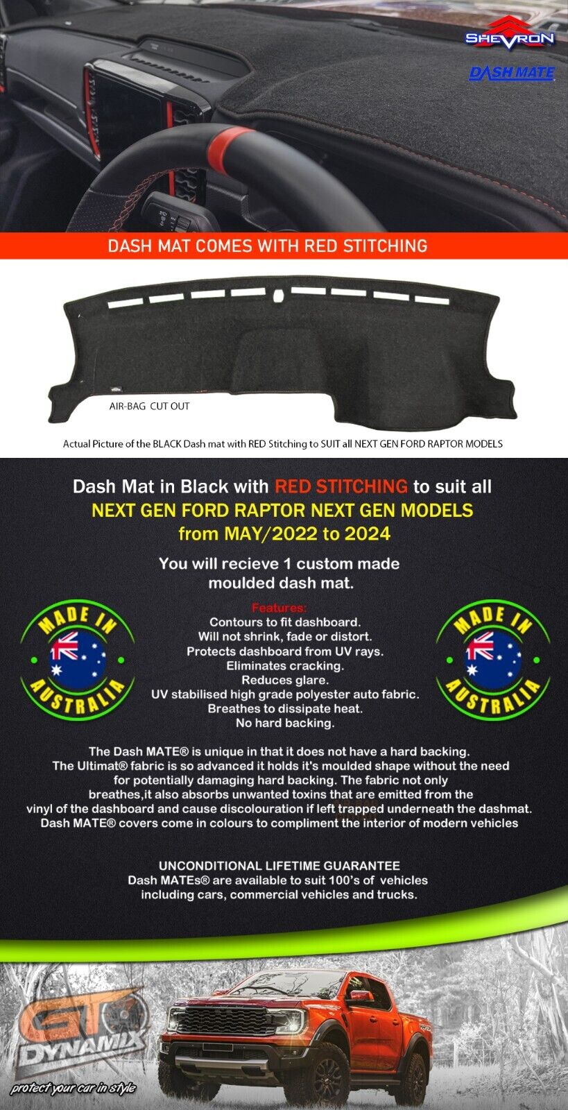 Shevron Dash Mat FORD RANGER NEXT GEN RAPTOR 5/2022-2024 DMR1652 Black + Red Stitching