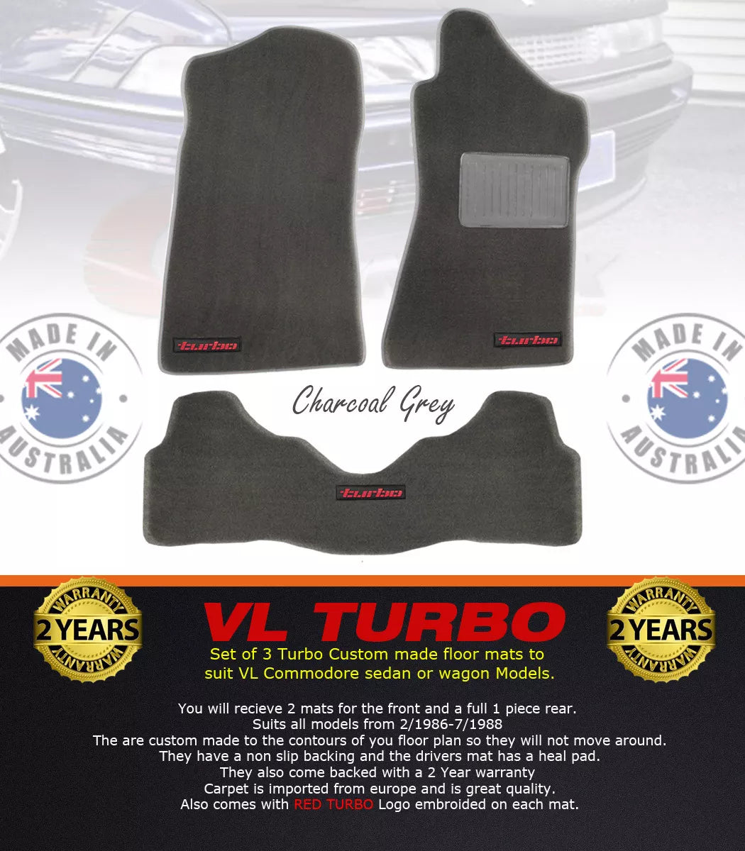 VL TURBO CUSTOM MADE FLOOR MATS SET OF 3 Charcoal with RED Badge Calais BT1