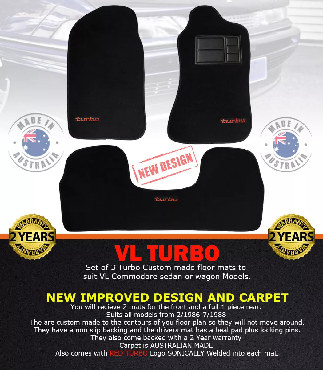 VL TURBO CUSTOM FLOOR MATS SET OF 3 Calais BT1 Berlina SL BLACK with Red Badge