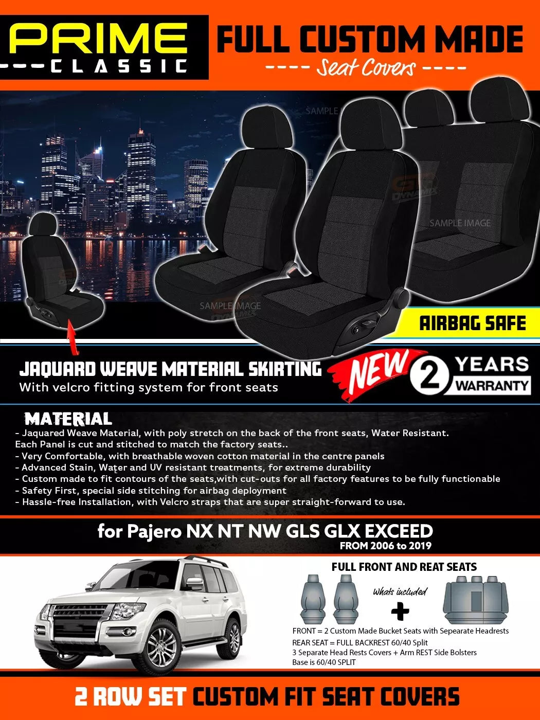 PRIME CLASSIC Black Custom Seat Covers 2 Rows For Mitsubishi Pajero NS NT NW NX GLS GLX VRX 2006-2019