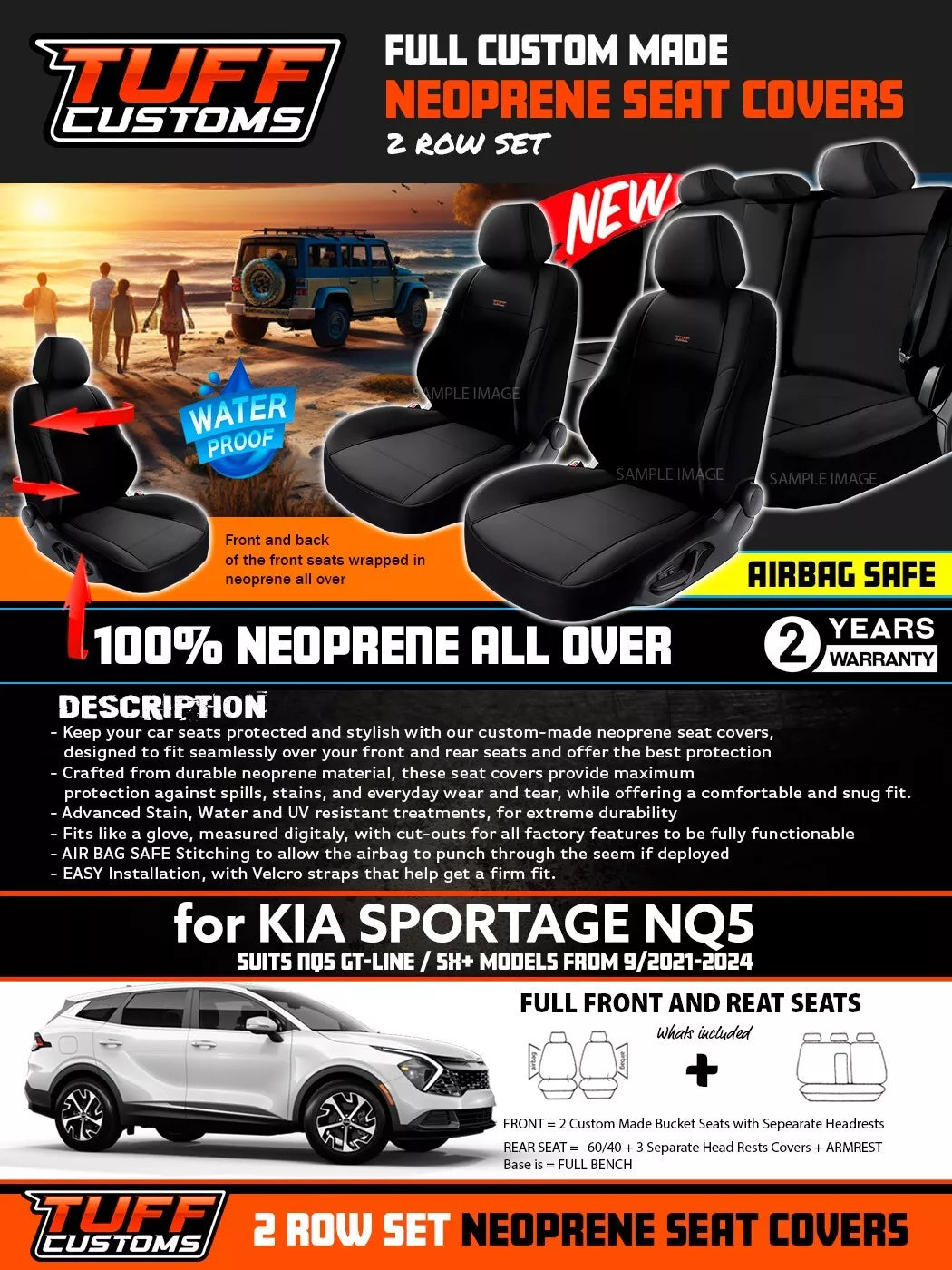 TUFF Customs Neoprene Seat Covers 2 Rows For Kia Sportage NQ5 SX+ GT LINE 9/2021-2024