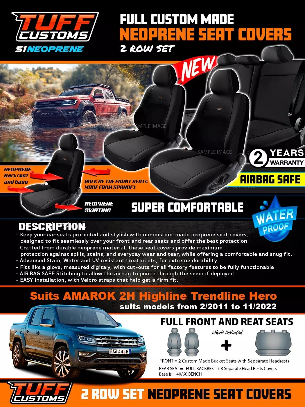 TUFF Customs S1 Neoprene Seat Covers 2 Rows For Volkswagen Amarok 2H Core Highline 6/2010-11/2022