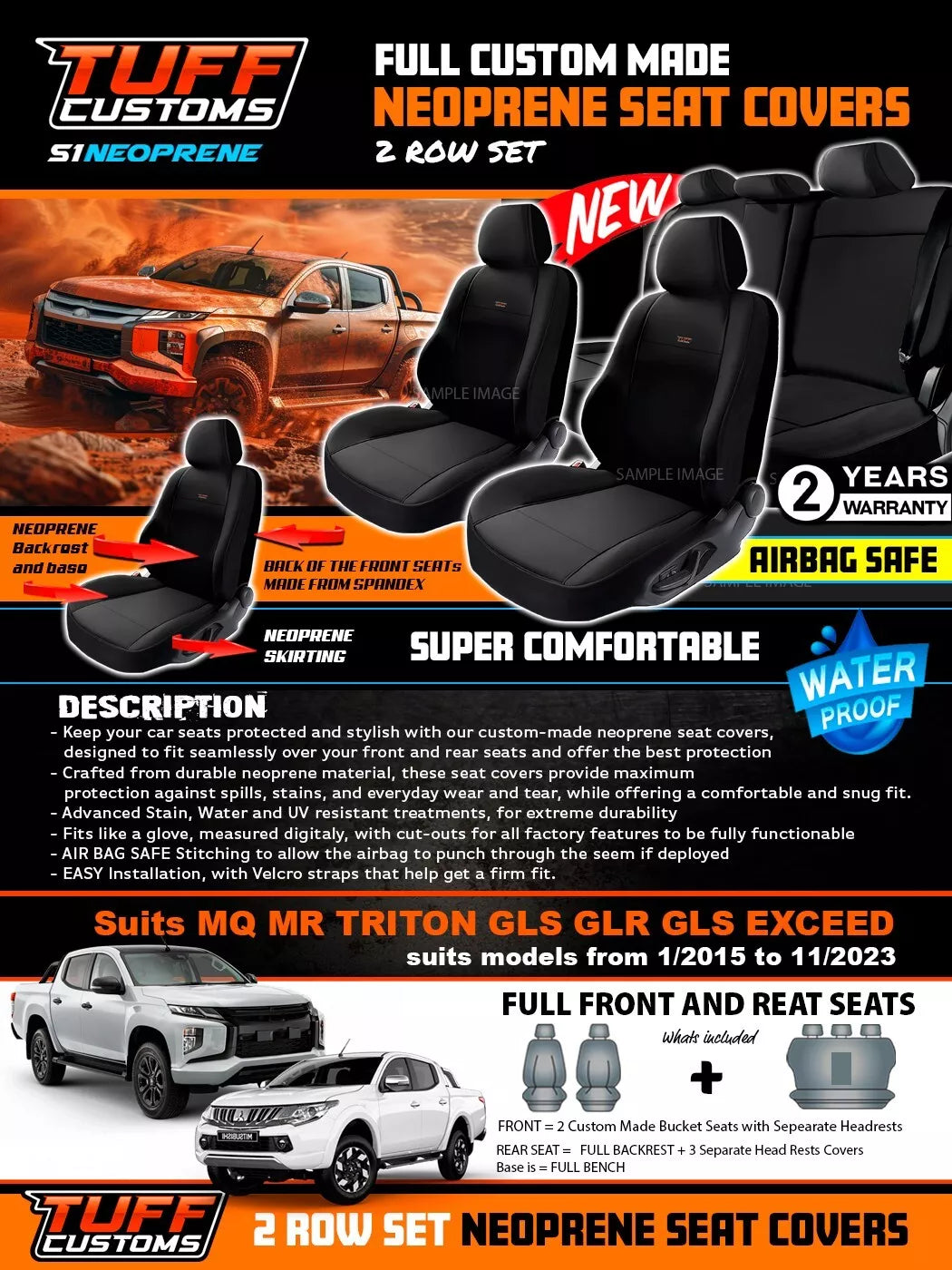 TUFF Customs S1 Neoprene Seat Covers 2 Rows For Mitsubishi Triton MQ MR Dual CAB GLS GLR GLX 1/2015-2023