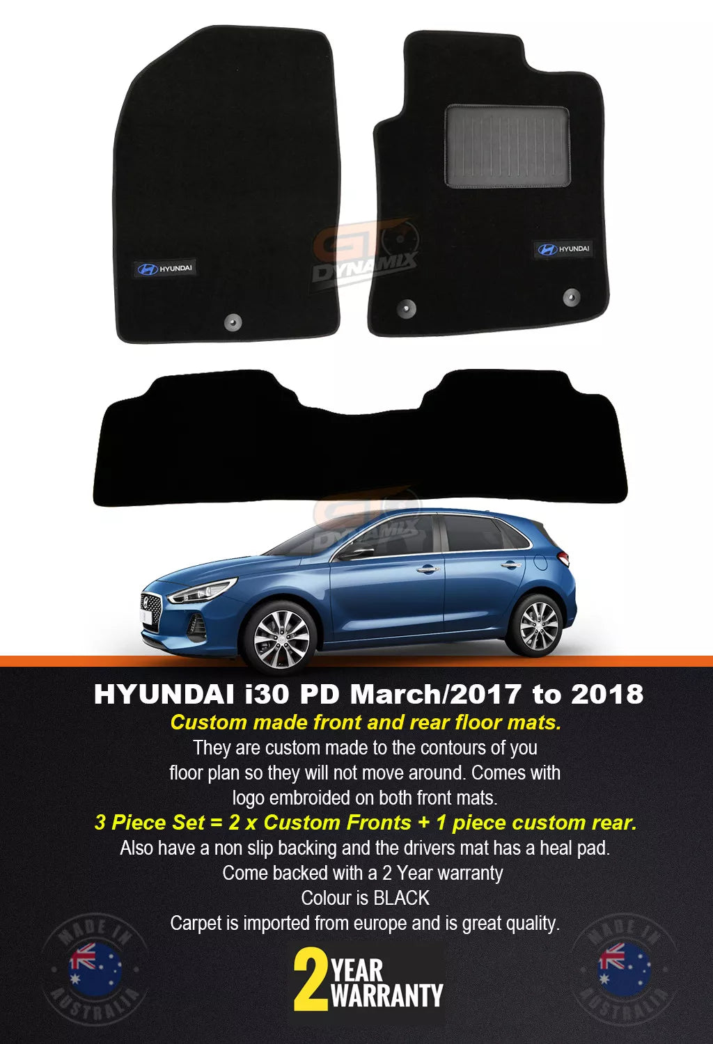 Custom Made Black Floor Mats Hyundai i30 PD SR Premium Active Hatch 3/2017-2024