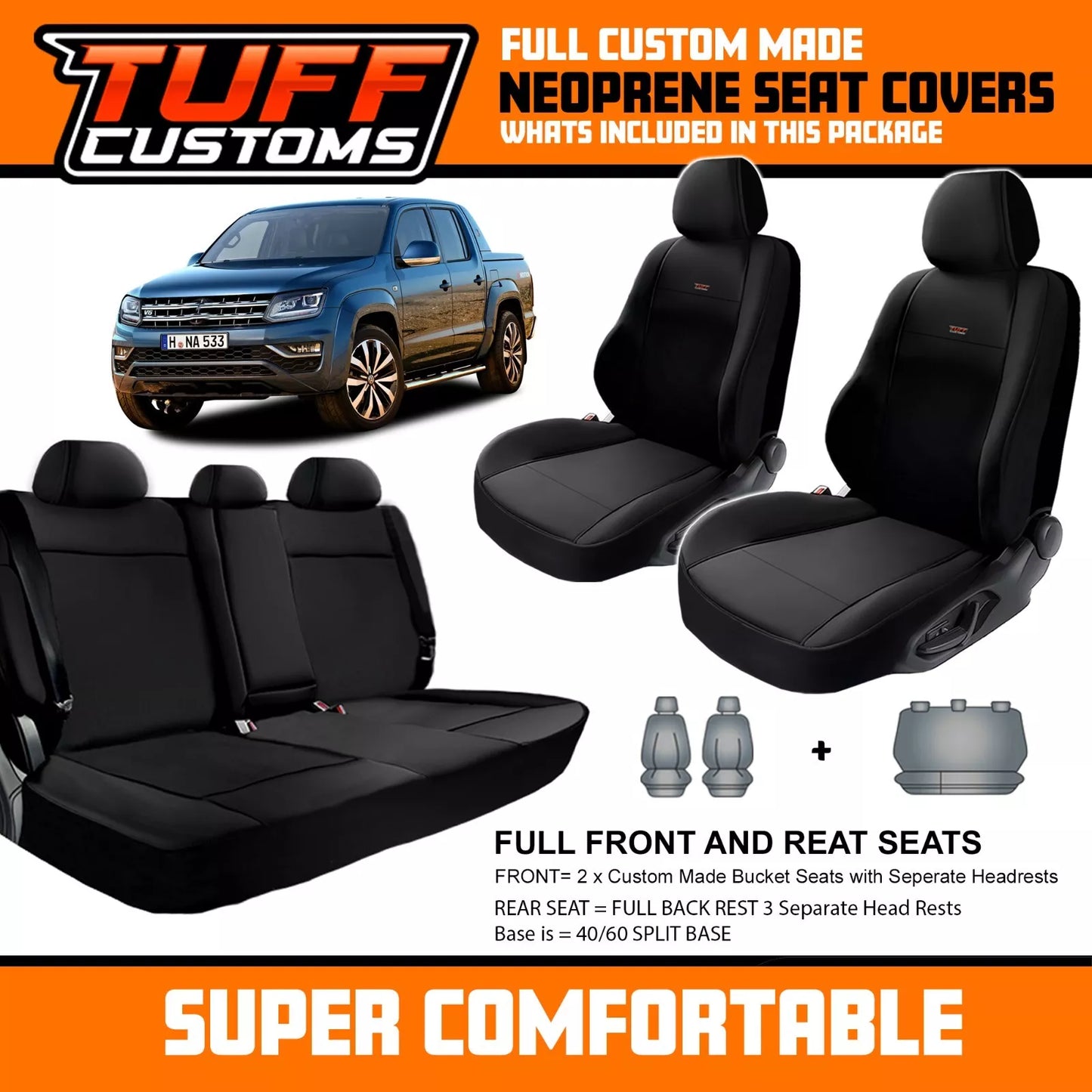 TUFF Customs S1 Neoprene Seat Covers 2 Rows For Volkswagen Amarok 2H Core Highline 6/2010-11/2022