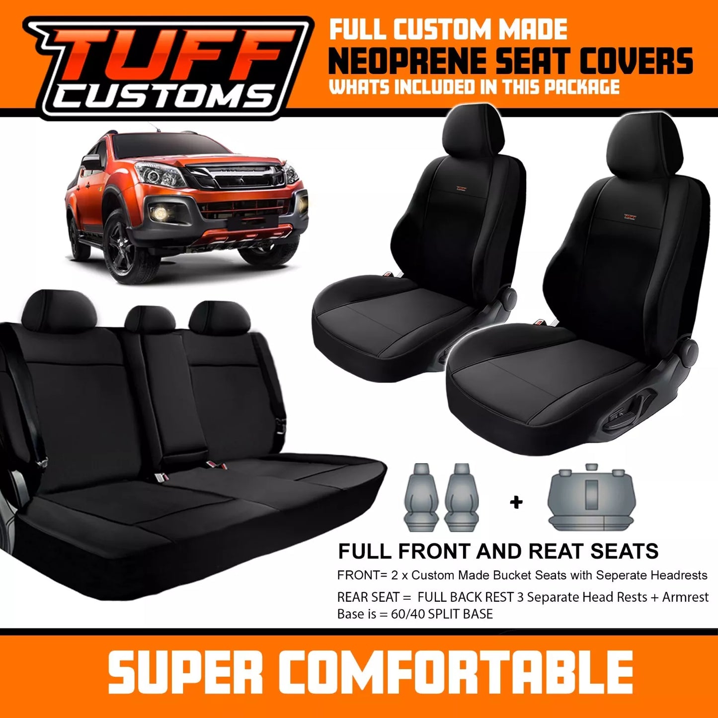 TUFF Customs S1 Neoprene Seat Covers 2 Rows For Isuzu D-MAX Dual Cab LS-U LS-M 2012-2021