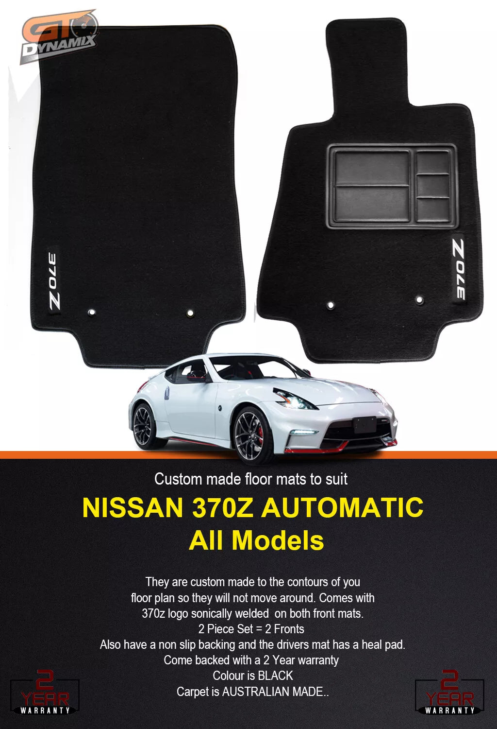 Custom Floor Mats For Nissan 370Z AUTO Set of 2 FRONTs in BLACK 2009-2024 w/ Logo