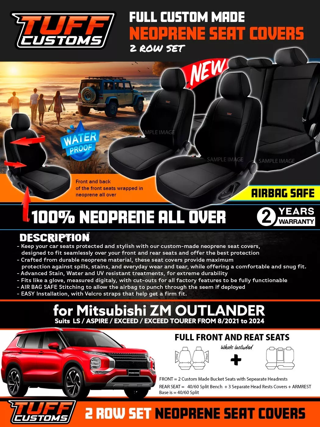 TUFF Customs Neoprene Seat Covers 2 Rows For Mitsubishi ZM Outlander LS Aspire Exceed 8/2021-2024